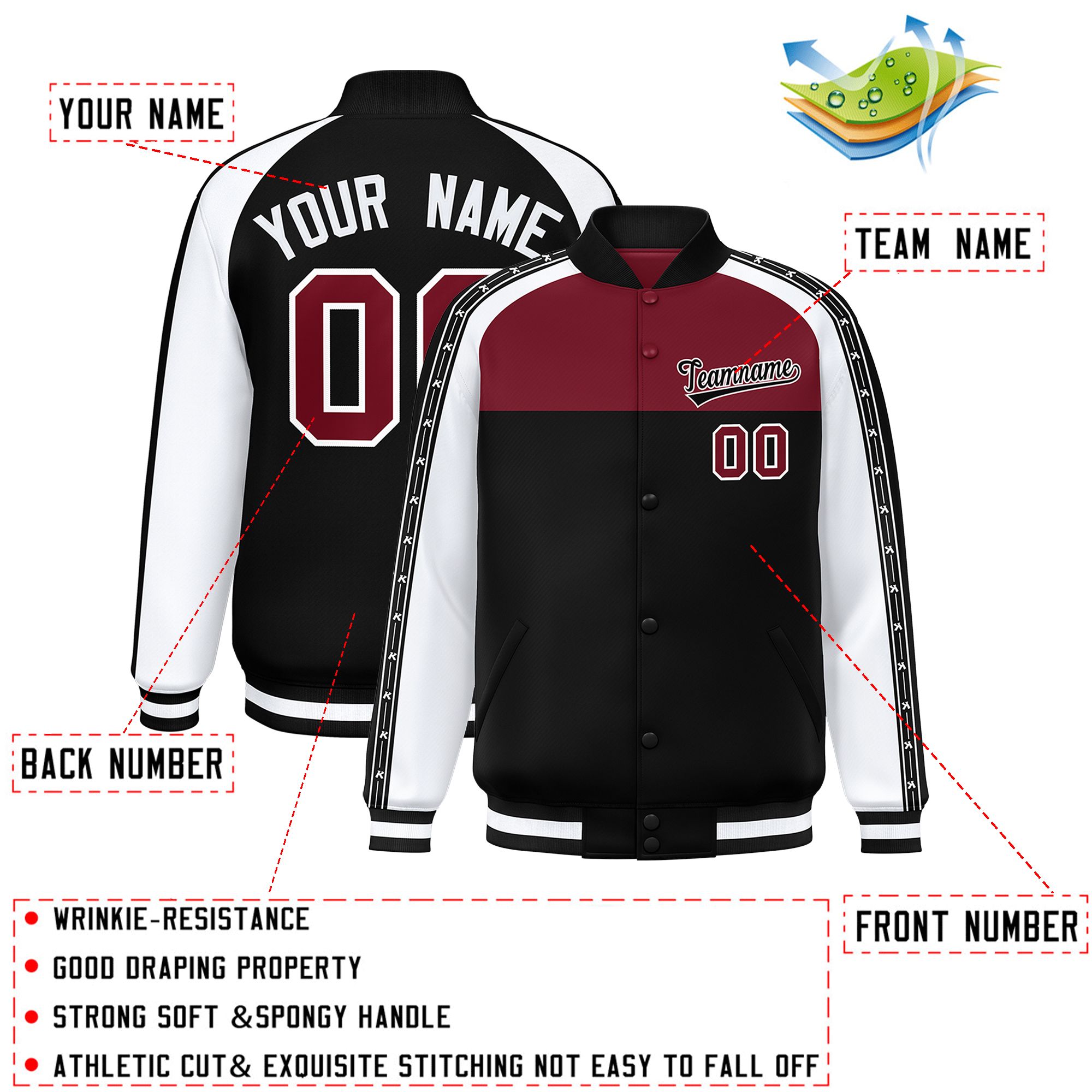 Custom Crimson Black K-Ribbon Raglan Sleeves Varsity Full-Snap Color Block Letterman Jacket