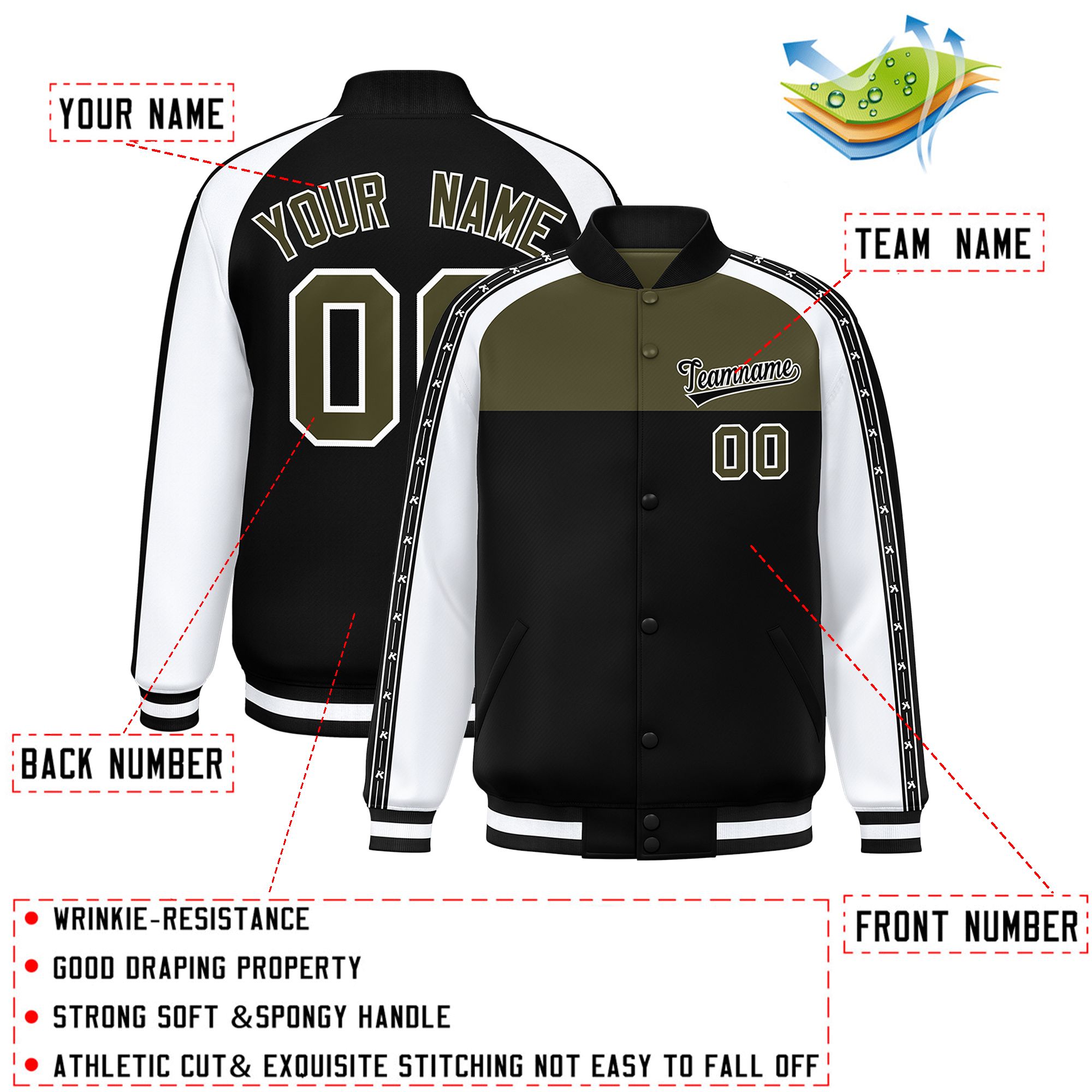 Custom Olive Black K-Ribbon Raglan Sleeves Varsity Full-Snap Color Block Letterman Jacket