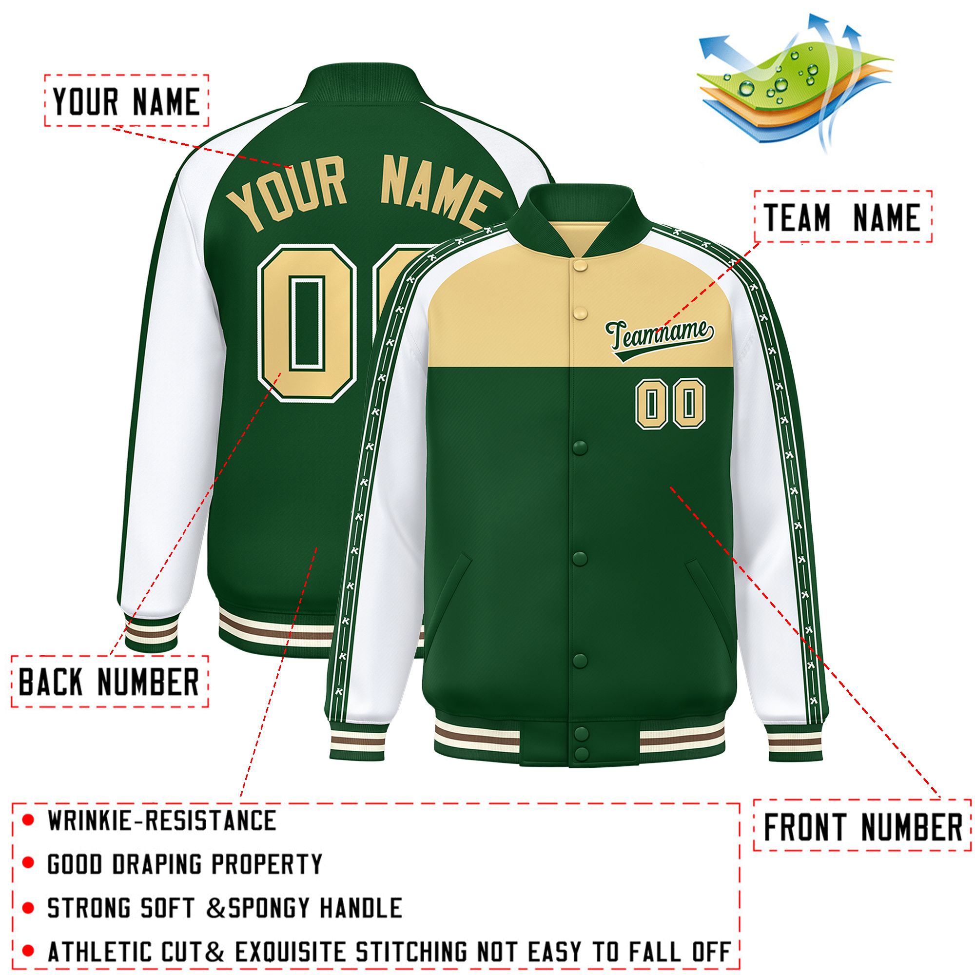 Custom Khaki Green K-Ribbon Raglan Sleeves Varsity Full-Snap Color Block Letterman Jacket