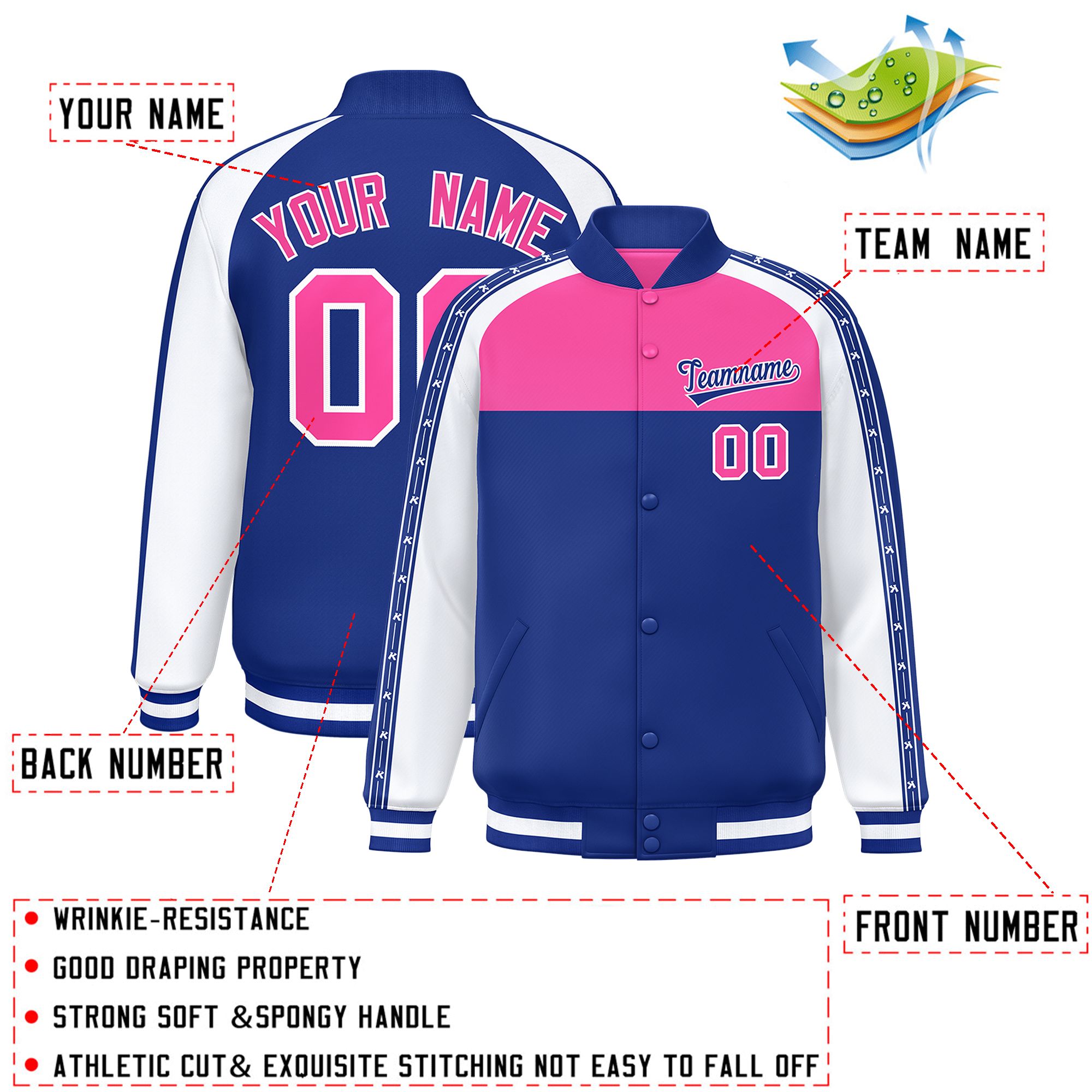 Custom Pink Royal K-Ribbon Raglan Sleeves Varsity Full-Snap Color Block Letterman Jacket