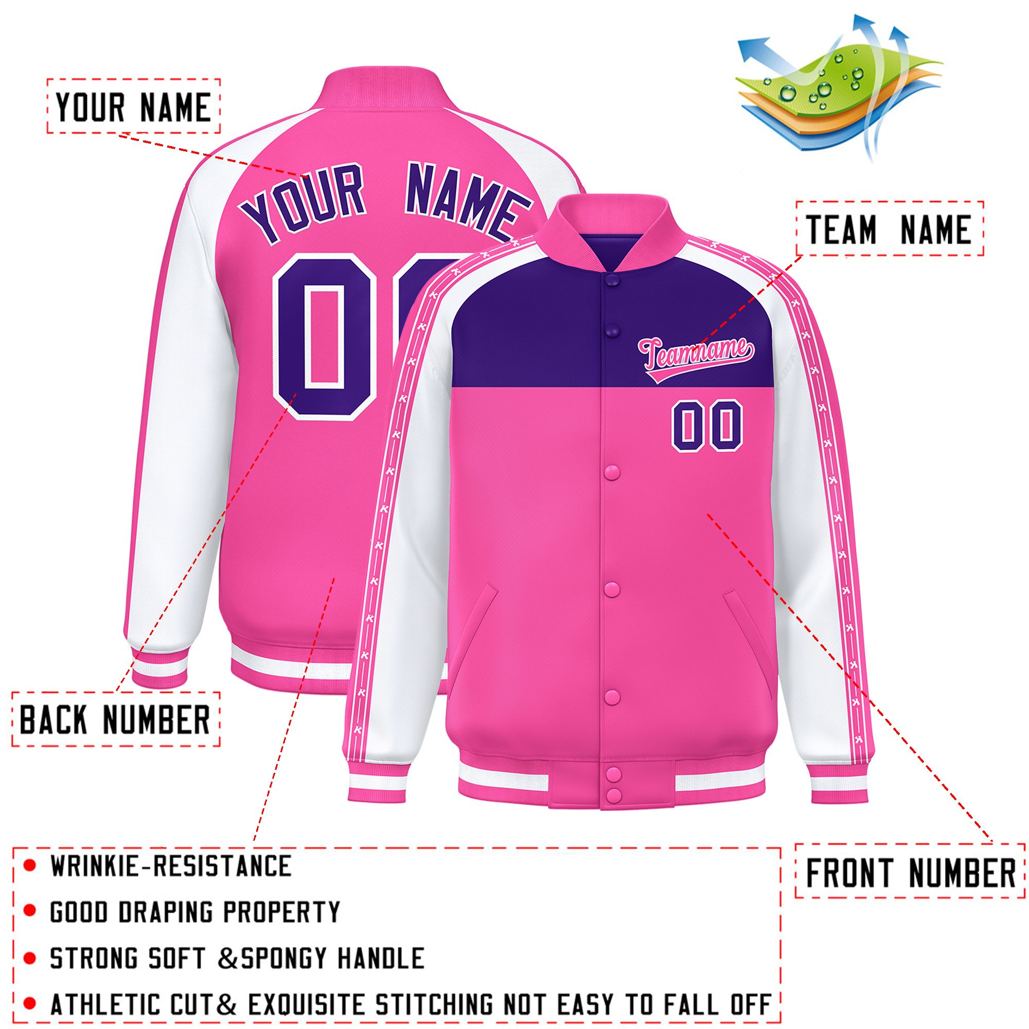 Custom Purple Pink K-Ribbon Raglan Sleeves Varsity Full-Snap Color Block Letterman Jacket