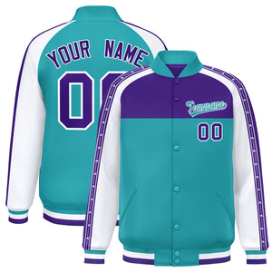 Custom Purple Aqua K-Ribbon Raglan Sleeves Varsity Full-Snap Color Block Letterman Jacket