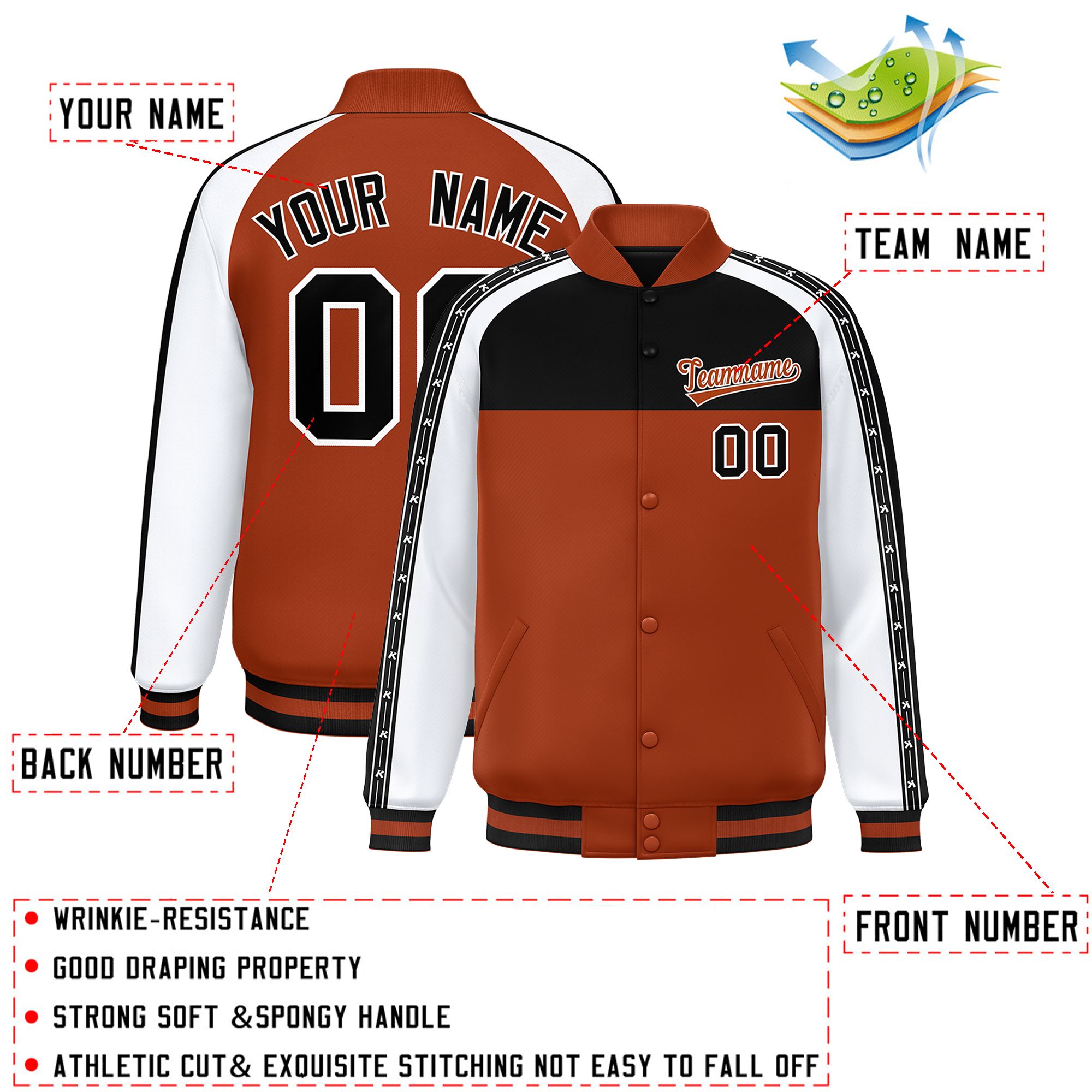 Custom Black Texas Orange K-Ribbon Raglan Sleeves Varsity Full-Snap Color Block Letterman Jacket