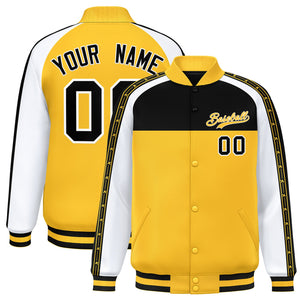 Custom Black Gold K-Ribbon Raglan Sleeves Varsity Full-Snap Color Block Letterman Jacket