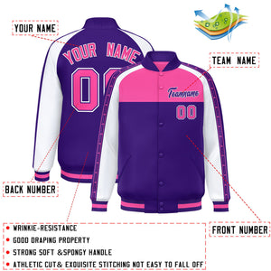 Custom Pink Purple K-Ribbon Raglan Sleeves Varsity Full-Snap Color Block Letterman Jacket