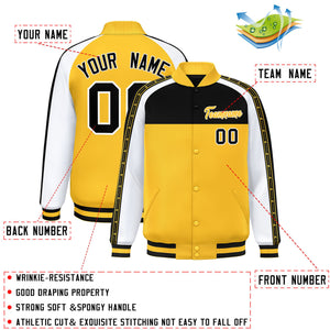 Custom Black Gold K-Ribbon Raglan Sleeves Varsity Full-Snap Color Block Letterman Jacket