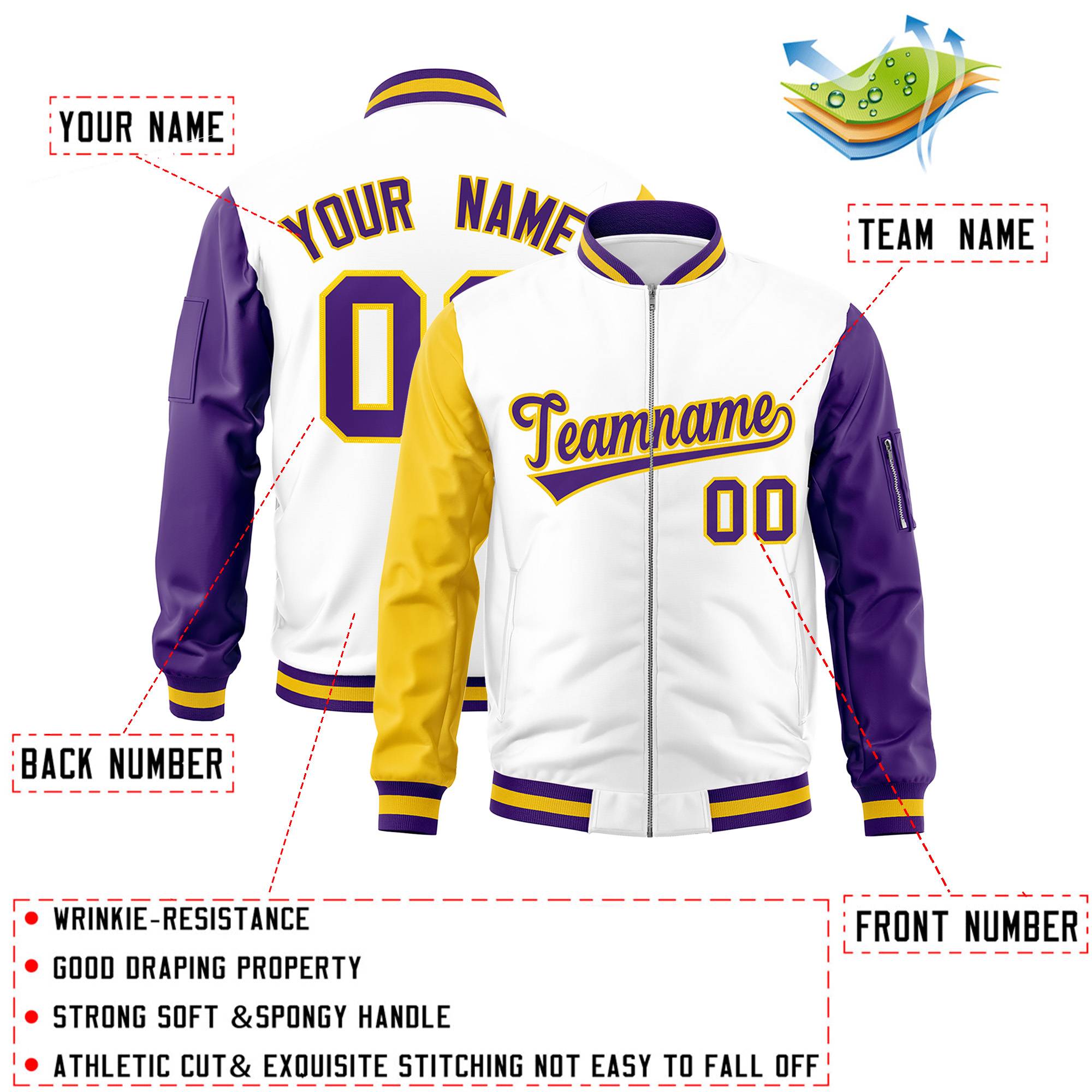 Custom White Purple-Gold Varsity Full-Zip Raglan Sleeves Letterman Bomber Jacket