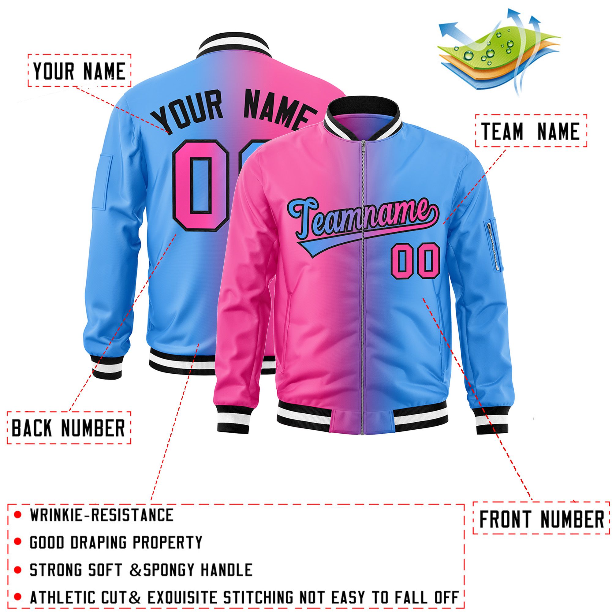 Custom Pink Powder Blue Full-Zip Gradient Fashion Letterman Bomber Jacket