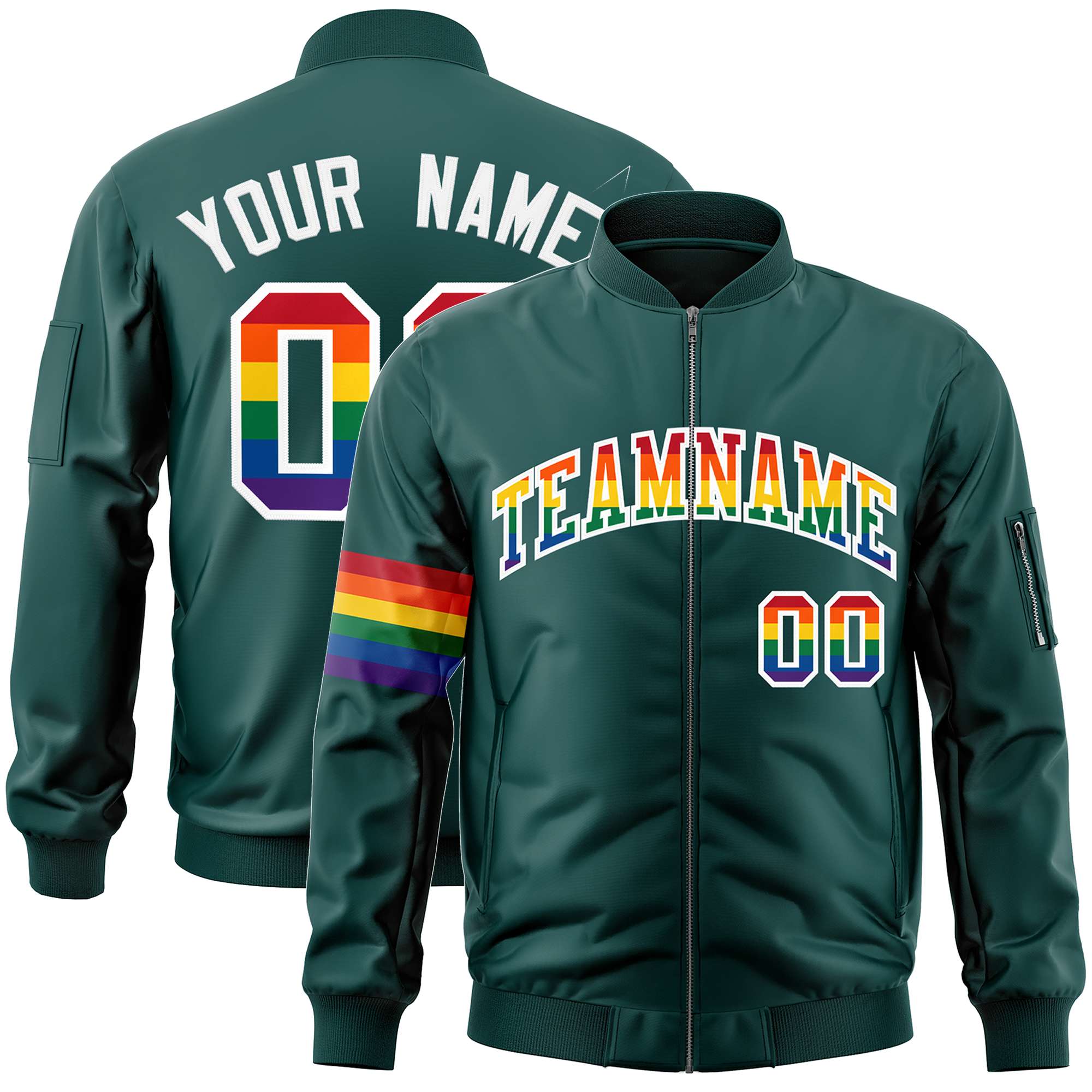 Custom Midnight Green LGBT Rainbow For Pride Month Classic Style Letterman Bomber Jacket