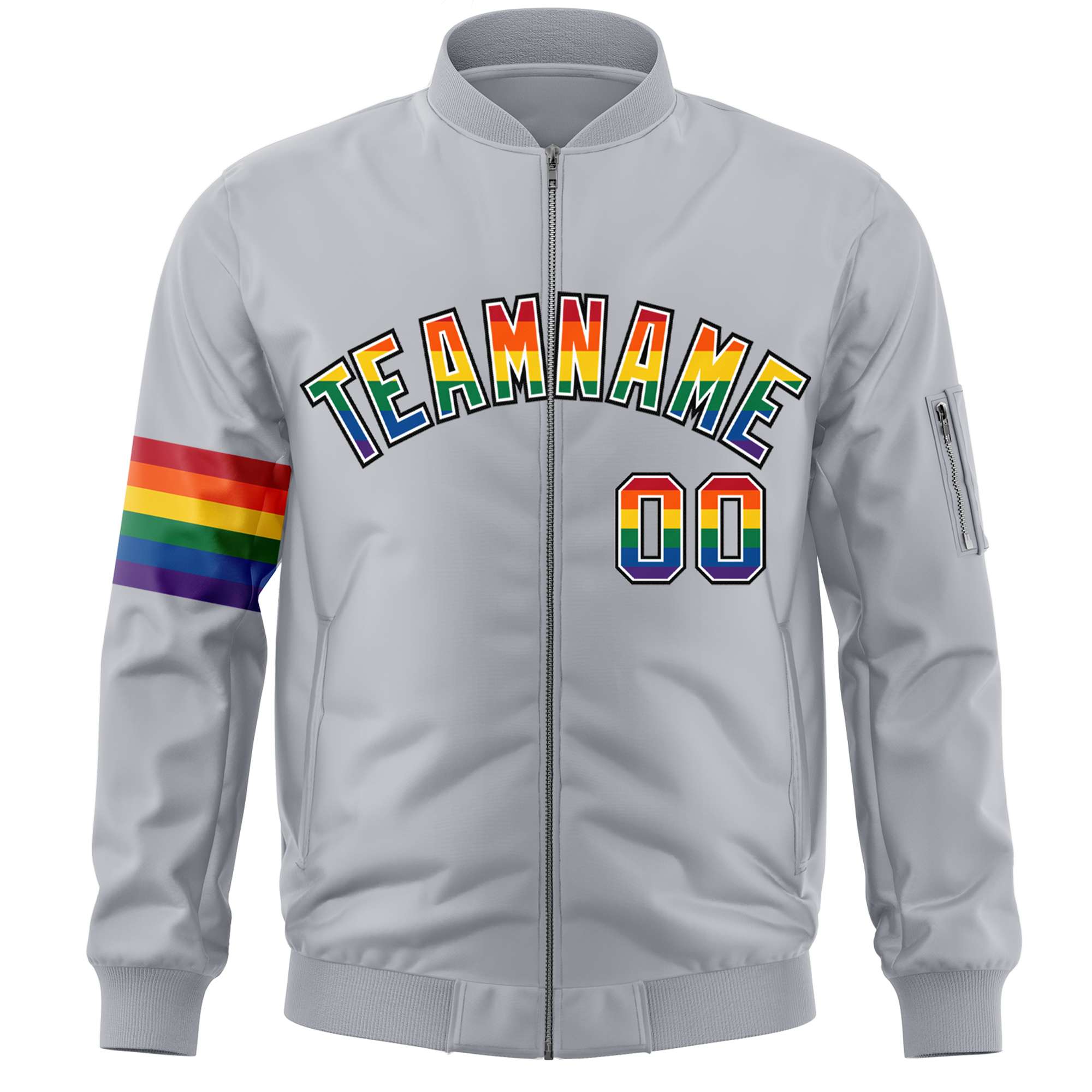 Custom Light Gray LGBT Rainbow For Pride Month Classic Style Letterman Bomber Jacket