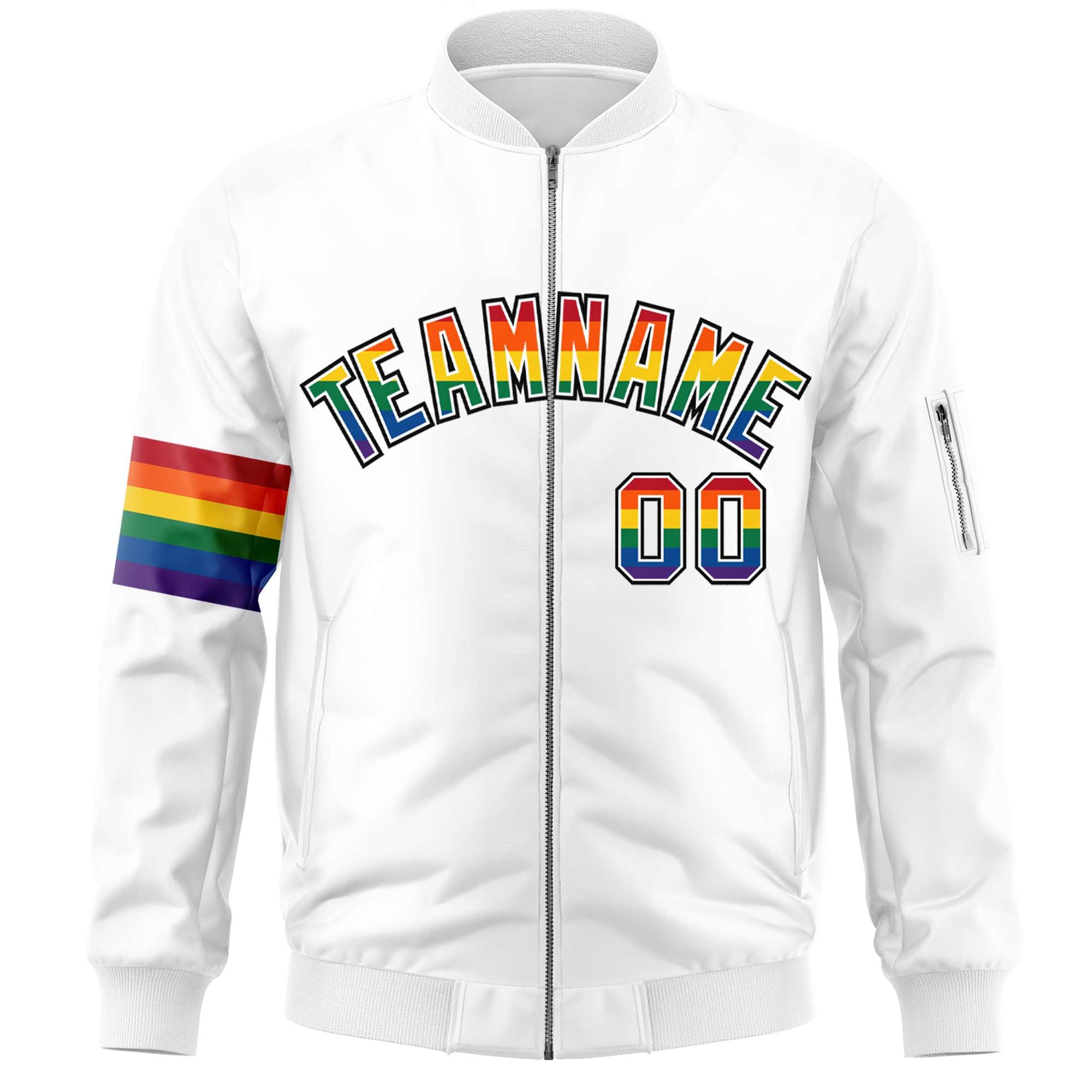 Custom White LGBT Rainbow For Pride Month Classic Style Letterman Bomber Jacket