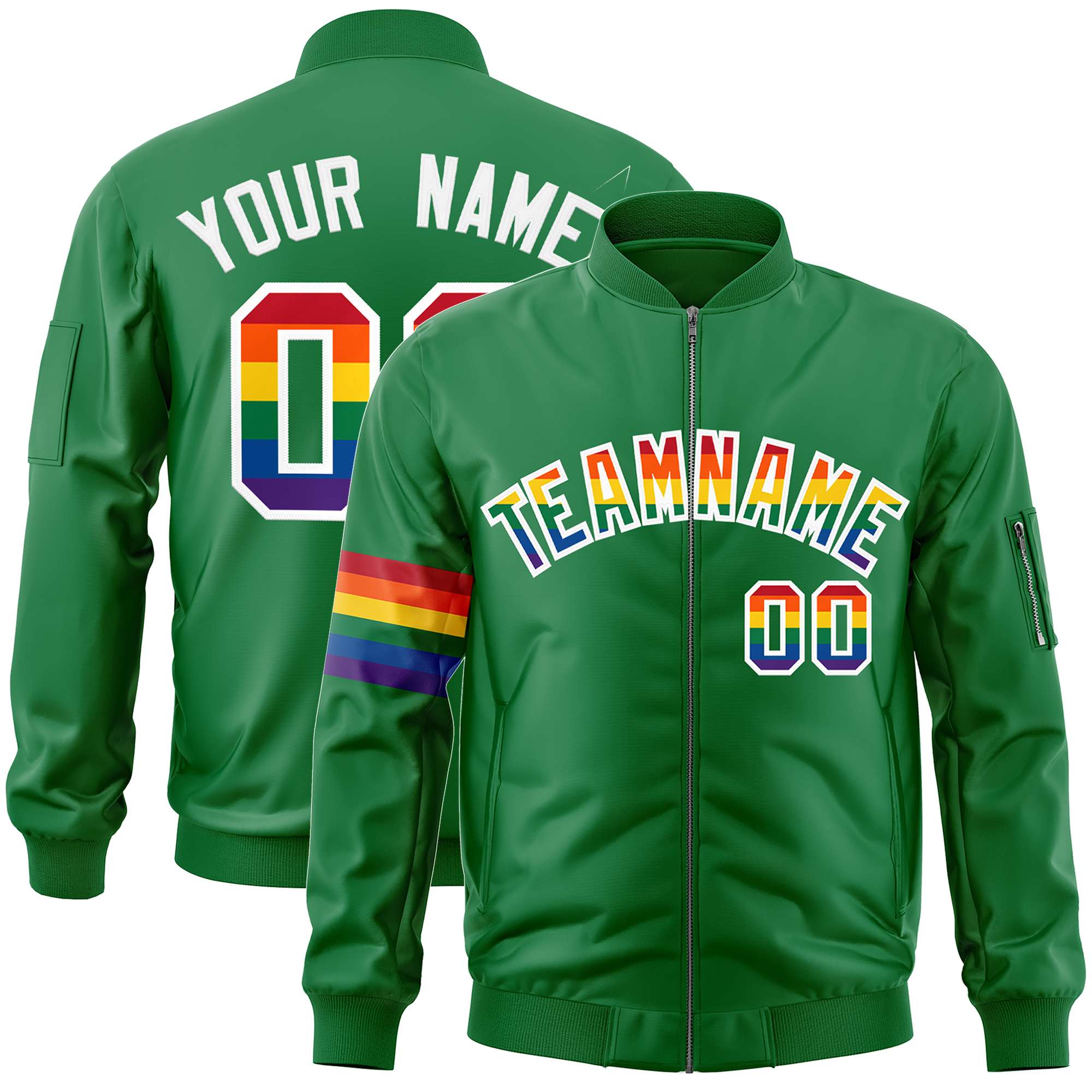 Custom Kelly Green LGBT Rainbow For Pride Month Classic Style Letterman Bomber Jacket