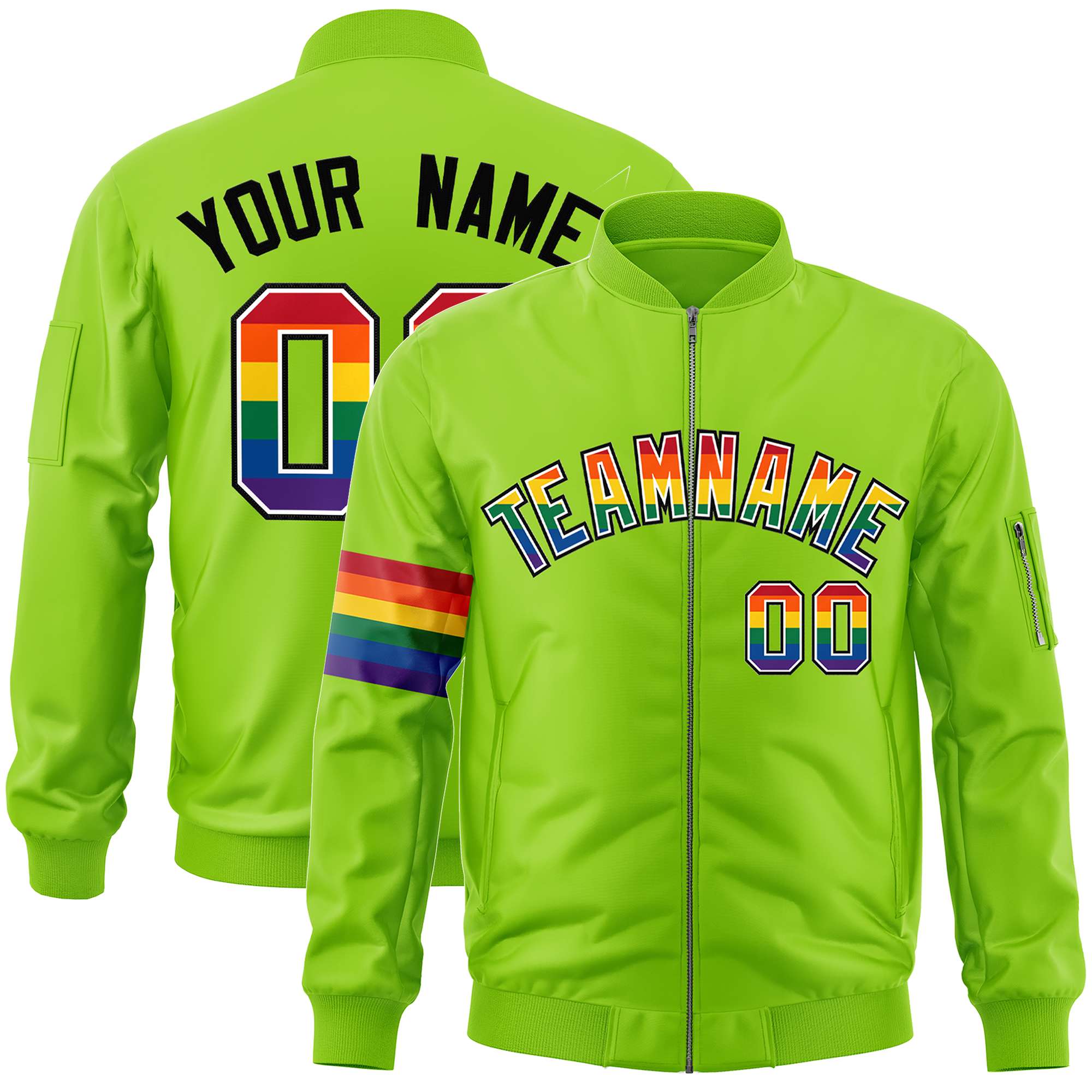 Custom Neon Green LGBT Rainbow For Pride Month Classic Style Letterman Bomber Jacket