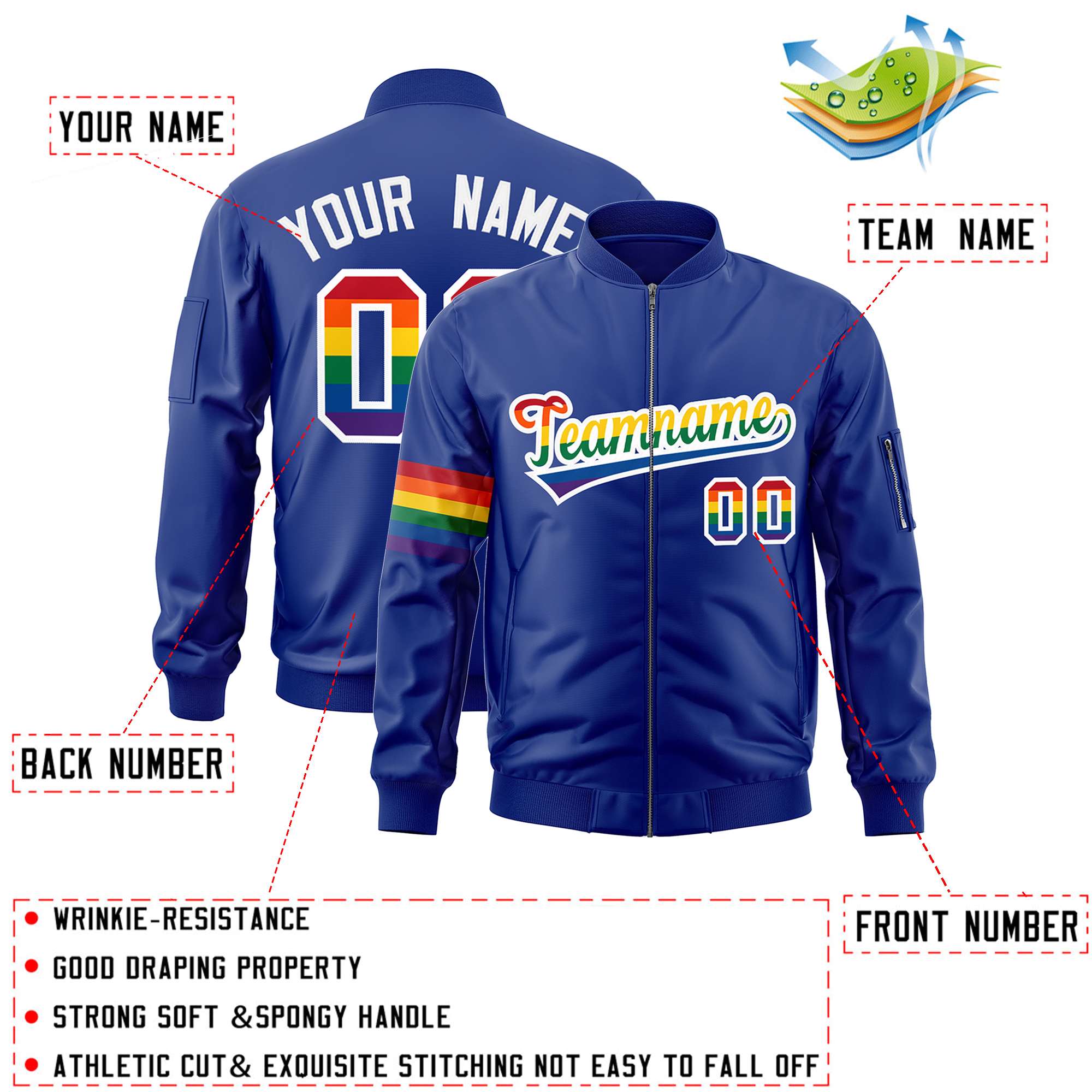 Custom Royal LGBT Rainbow For Pride Month Classic Style Letterman Bomber Jacket