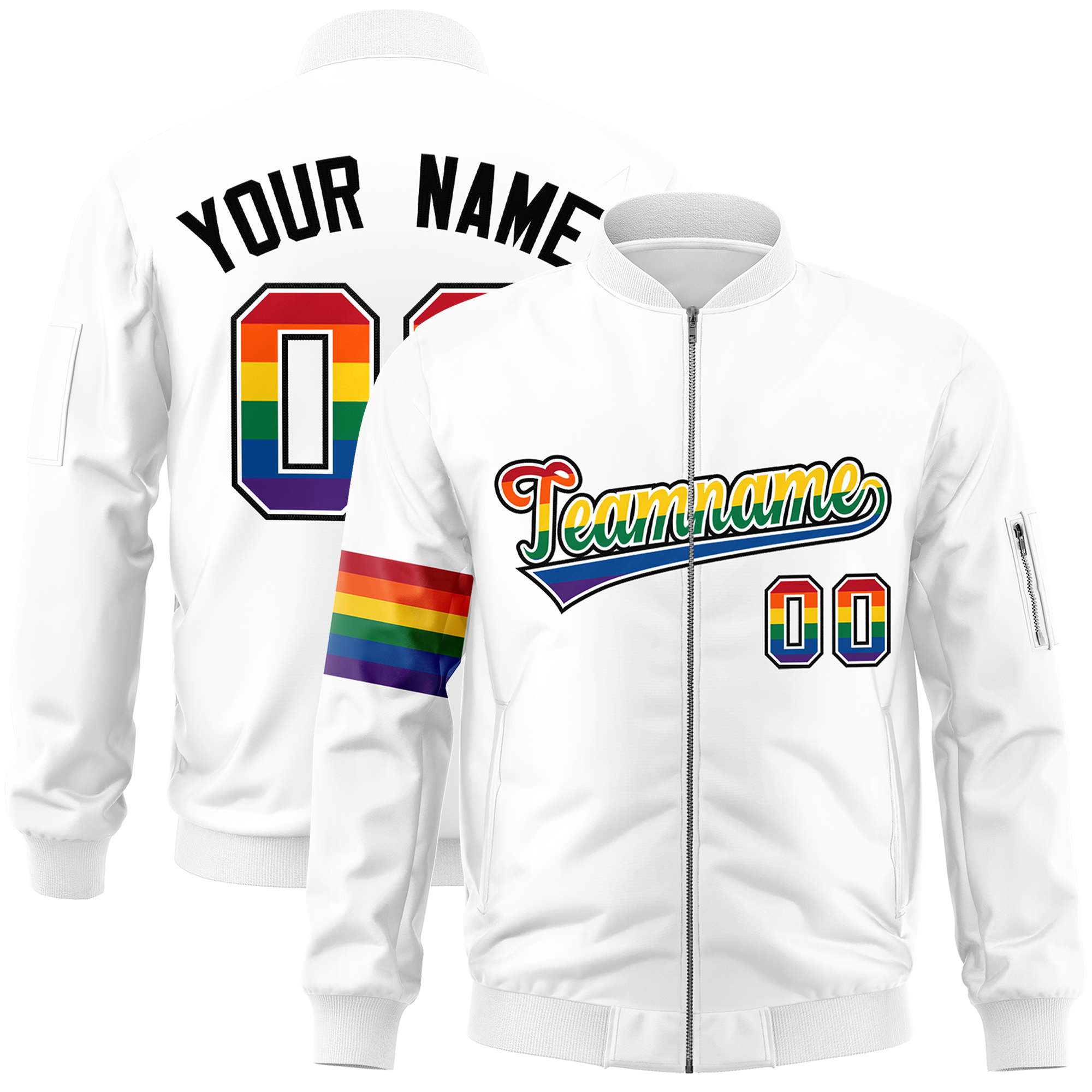 Custom White LGBT Rainbow For Pride Month Classic Style Letterman Bomber Jacket