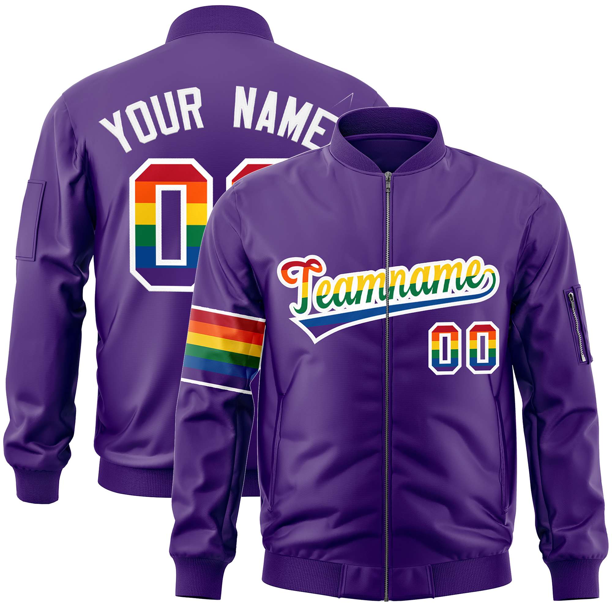 Custom Purple LGBT Rainbow For Pride Month Classic Style Letterman Bomber Jacket