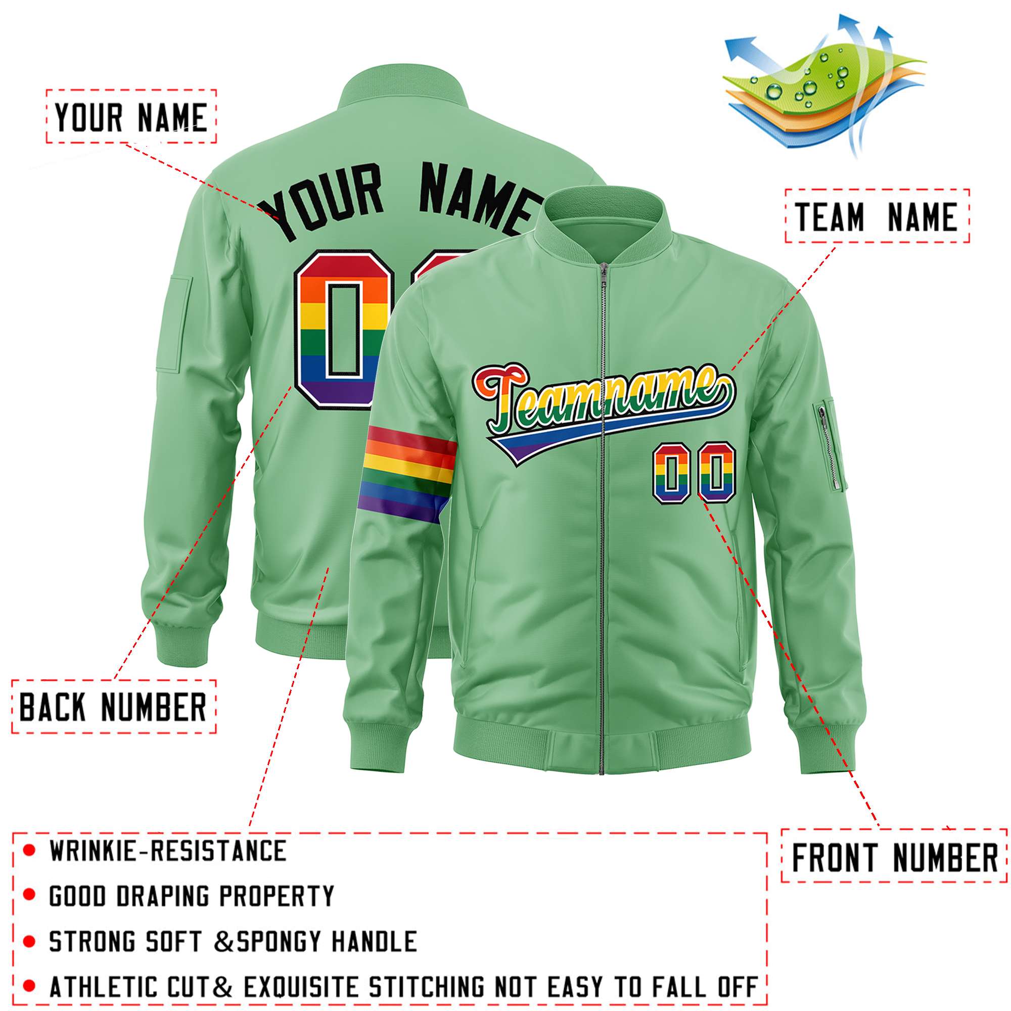 Custom Light Green LGBT Rainbow For Pride Month Classic Style Letterman Bomber Jacket