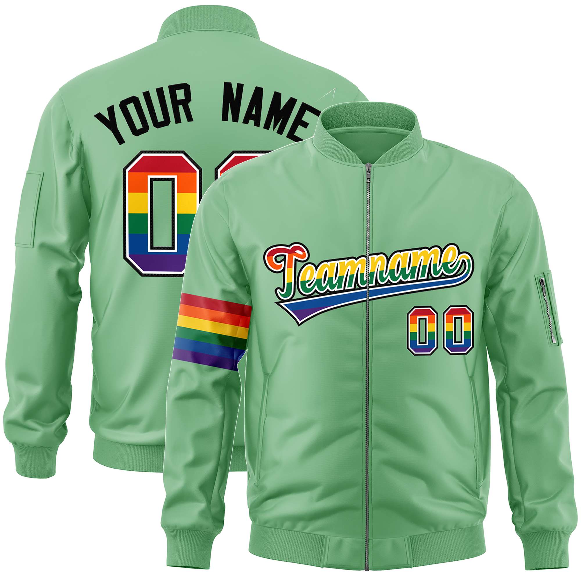 Custom Light Green LGBT Rainbow For Pride Month Classic Style Letterman Bomber Jacket