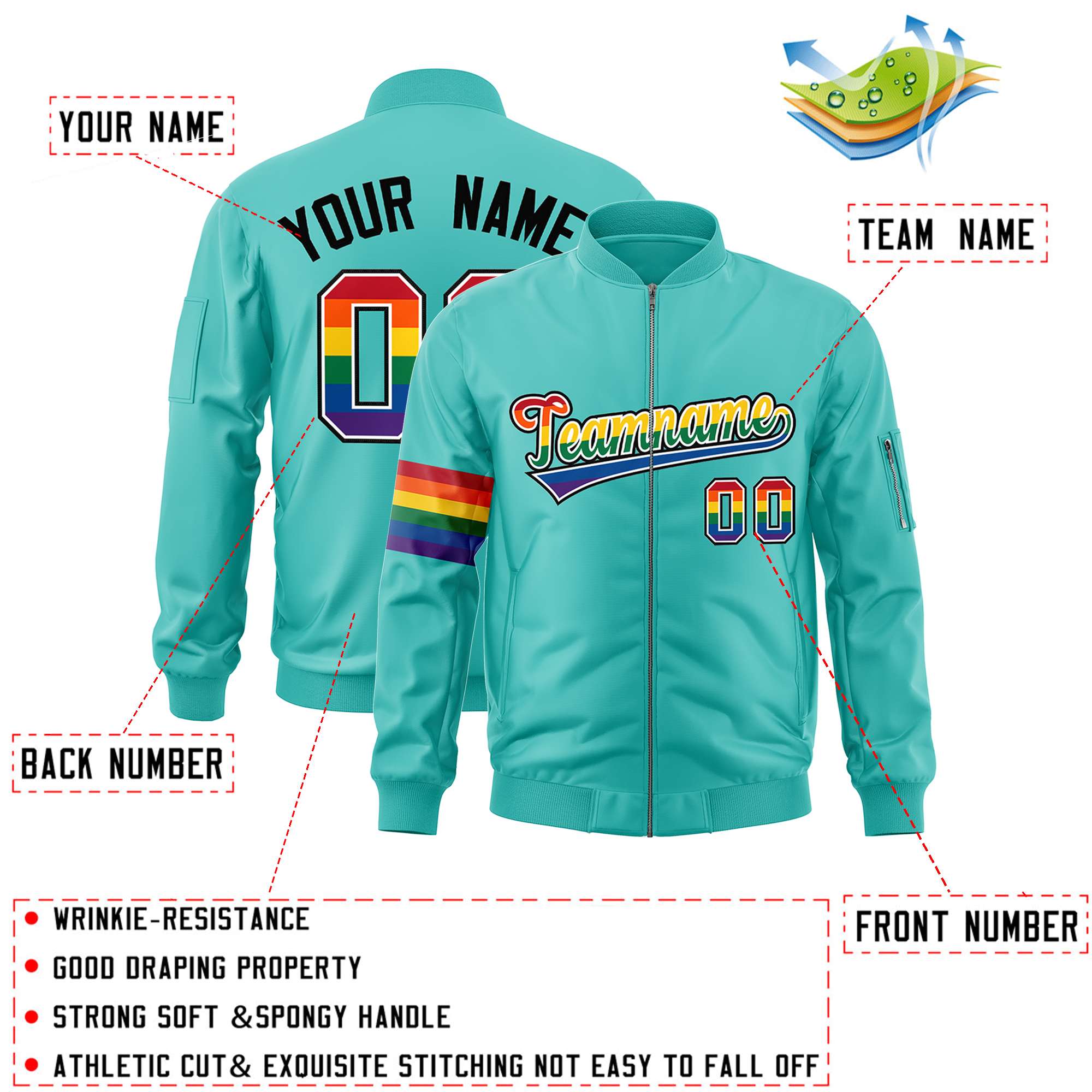 Custom Aqua LGBT Rainbow For Pride Month Classic Style Letterman Bomber Jacket