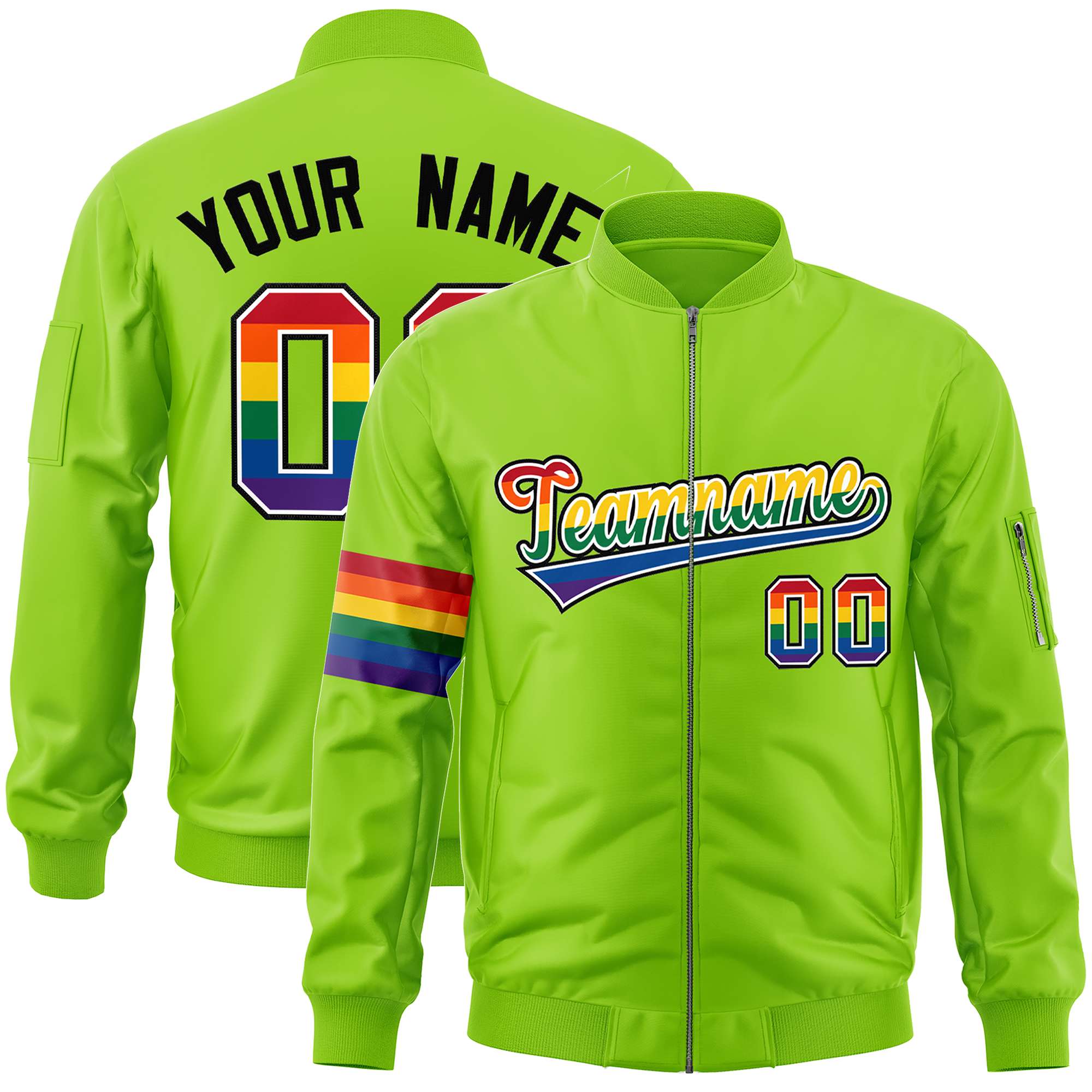 Custom Neon Green LGBT Rainbow For Pride Month Classic Style Letterman Bomber Jacket