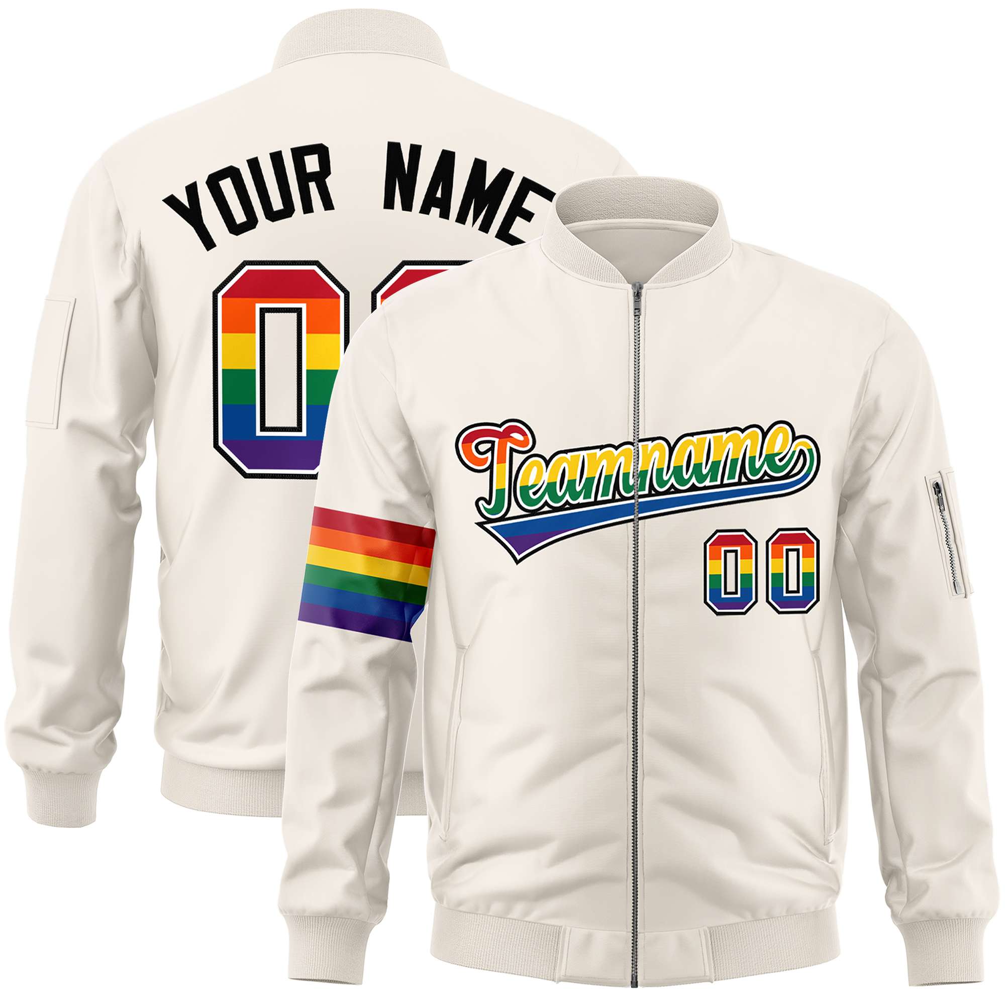 Custom Cream LGBT Rainbow For Pride Month Classic Style Letterman Bomber Jacket