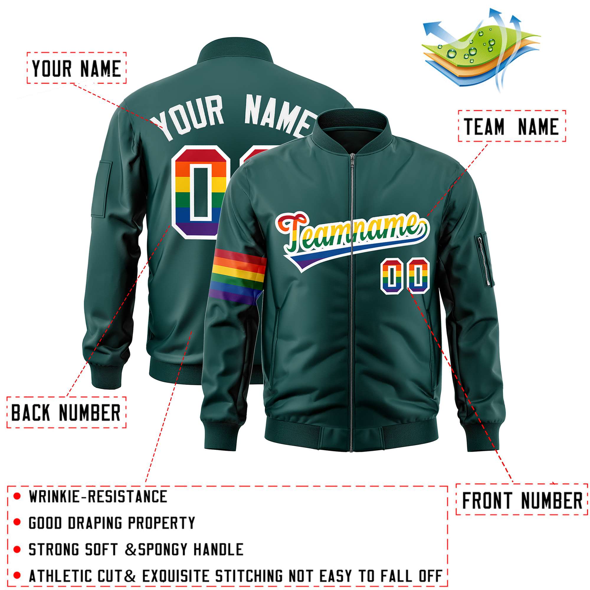 Custom Midnight Green LGBT Rainbow For Pride Month Classic Style Letterman Bomber Jacket
