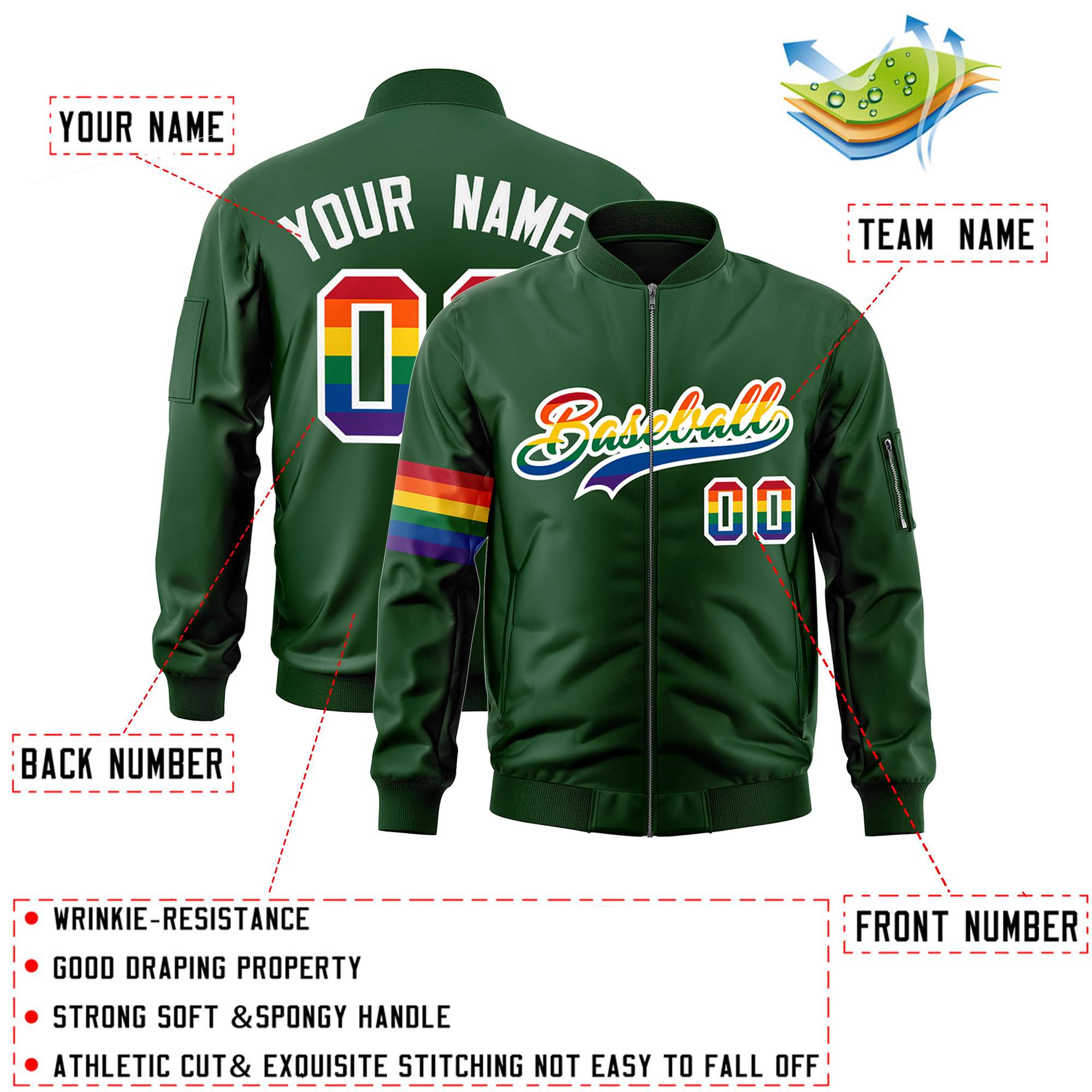 Custom Green LGBT Rainbow For Pride Month Classic Style Letterman Bomber Jacket