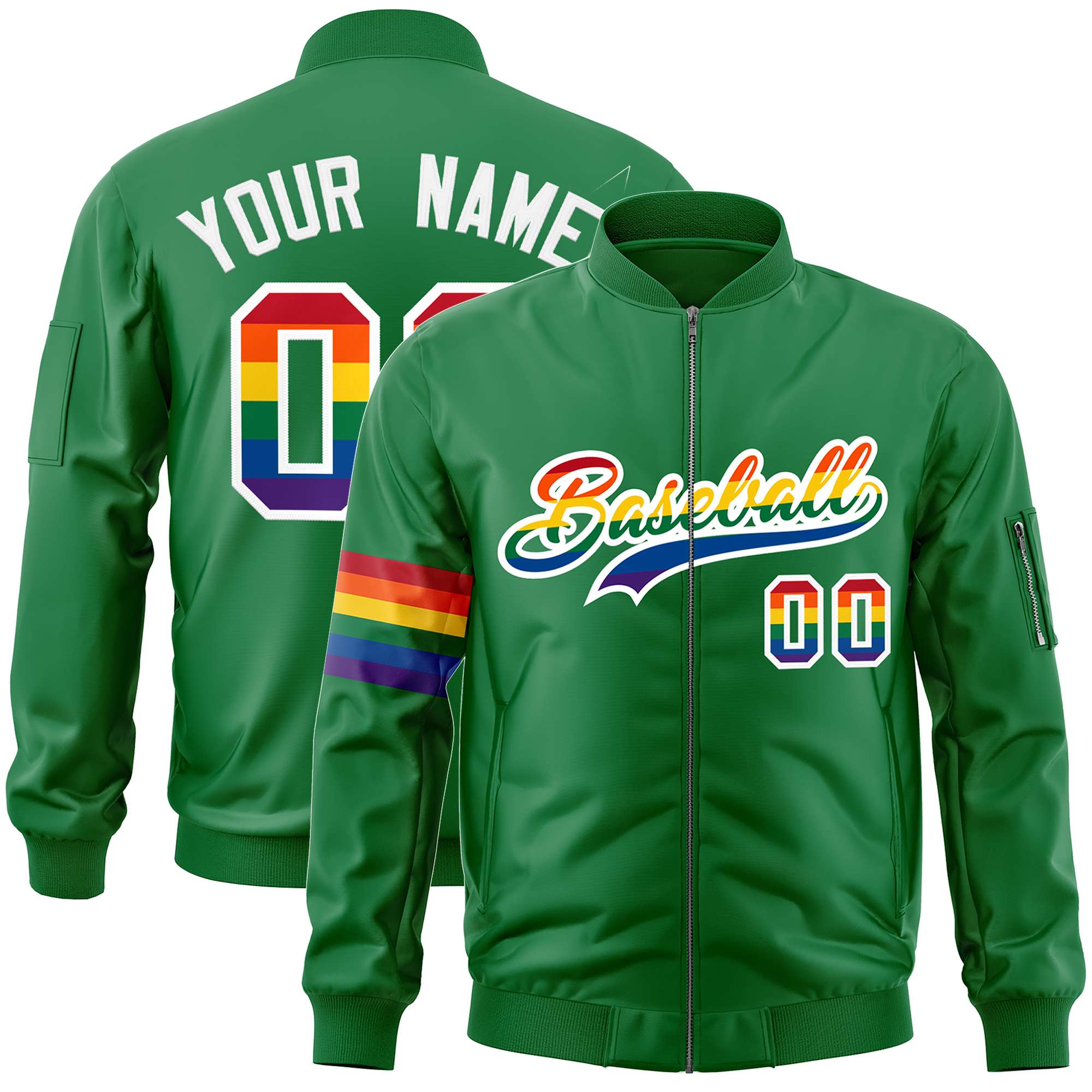 Custom Kelly Green LGBT Rainbow For Pride Month Classic Style Letterman Bomber Jacket