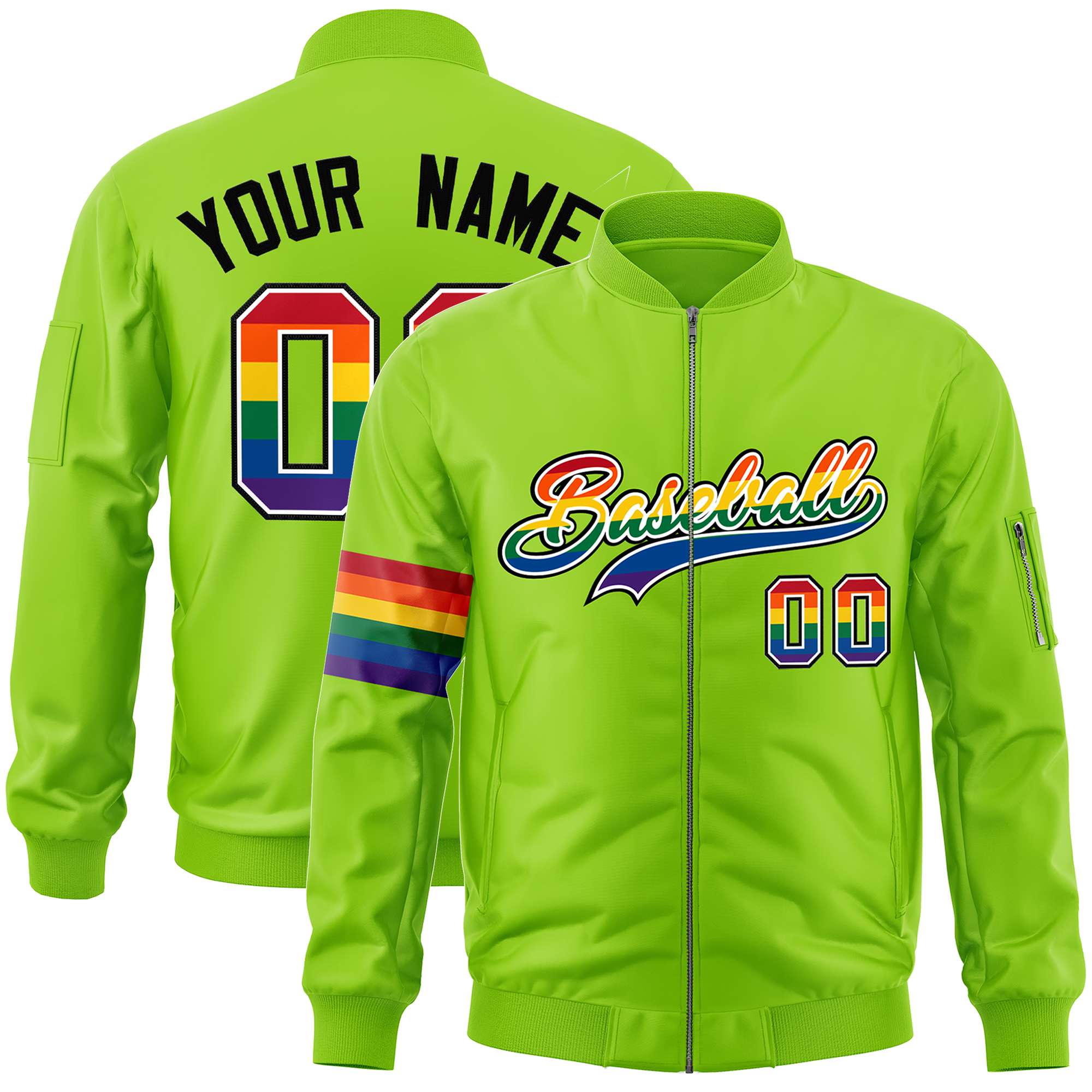 Custom Neon Green LGBT Rainbow For Pride Month Classic Style Letterman Bomber Jacket