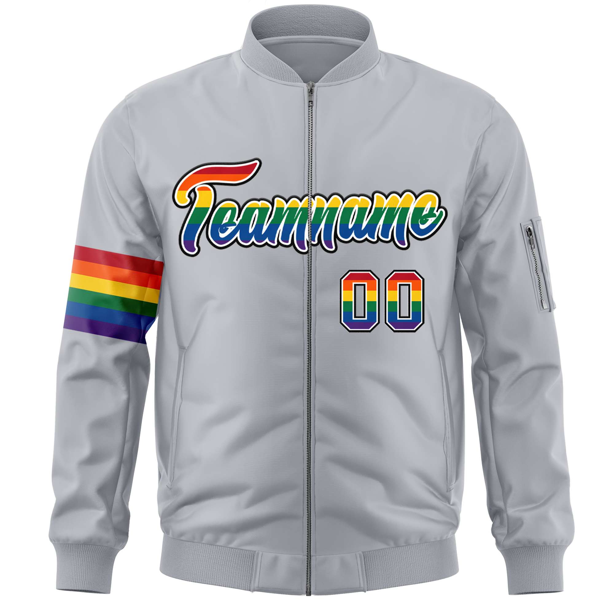 Custom Light Gray LGBT Rainbow For Pride Month Classic Style Letterman Bomber Jacket