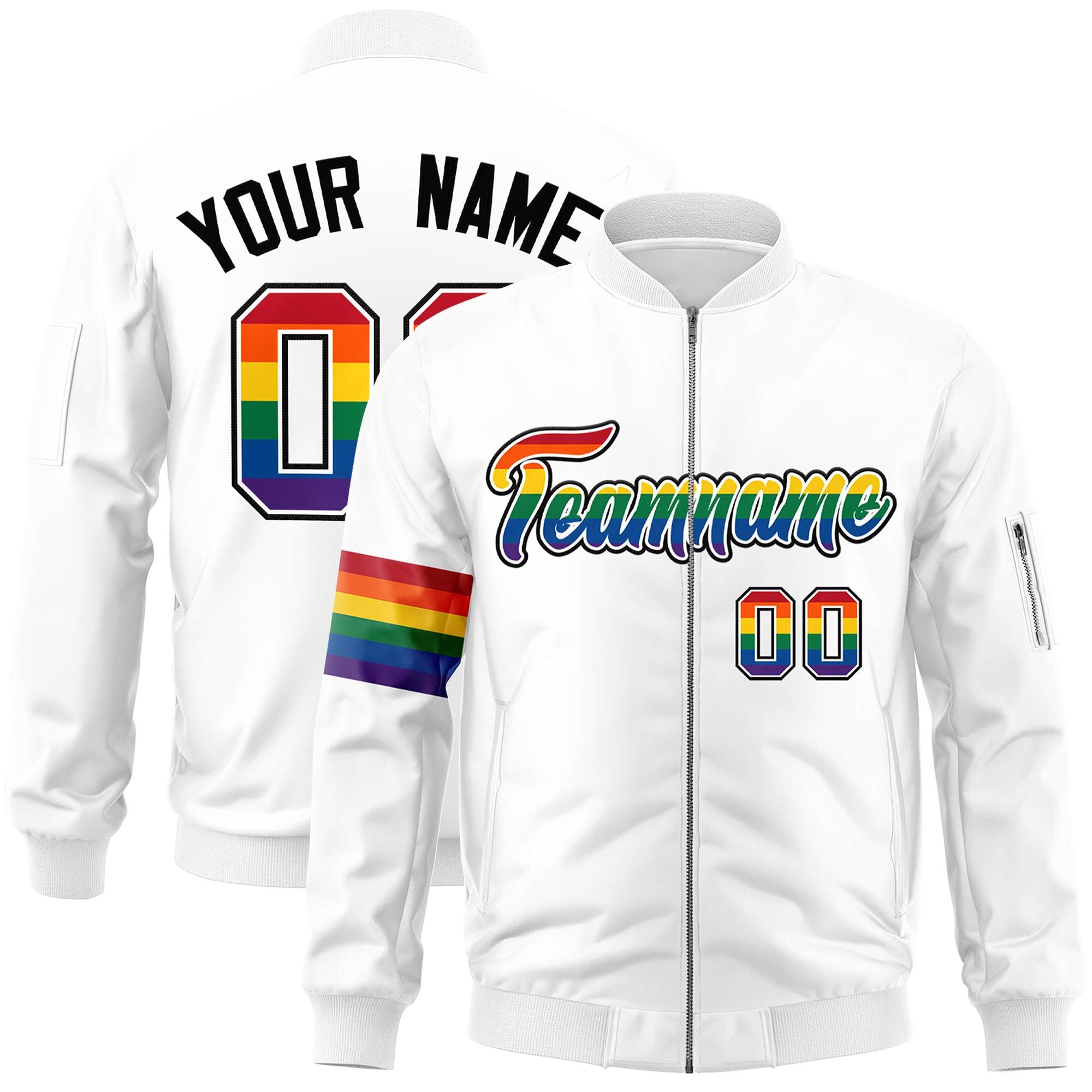 Custom White LGBT Rainbow For Pride Month Classic Style Letterman Bomber Jacket