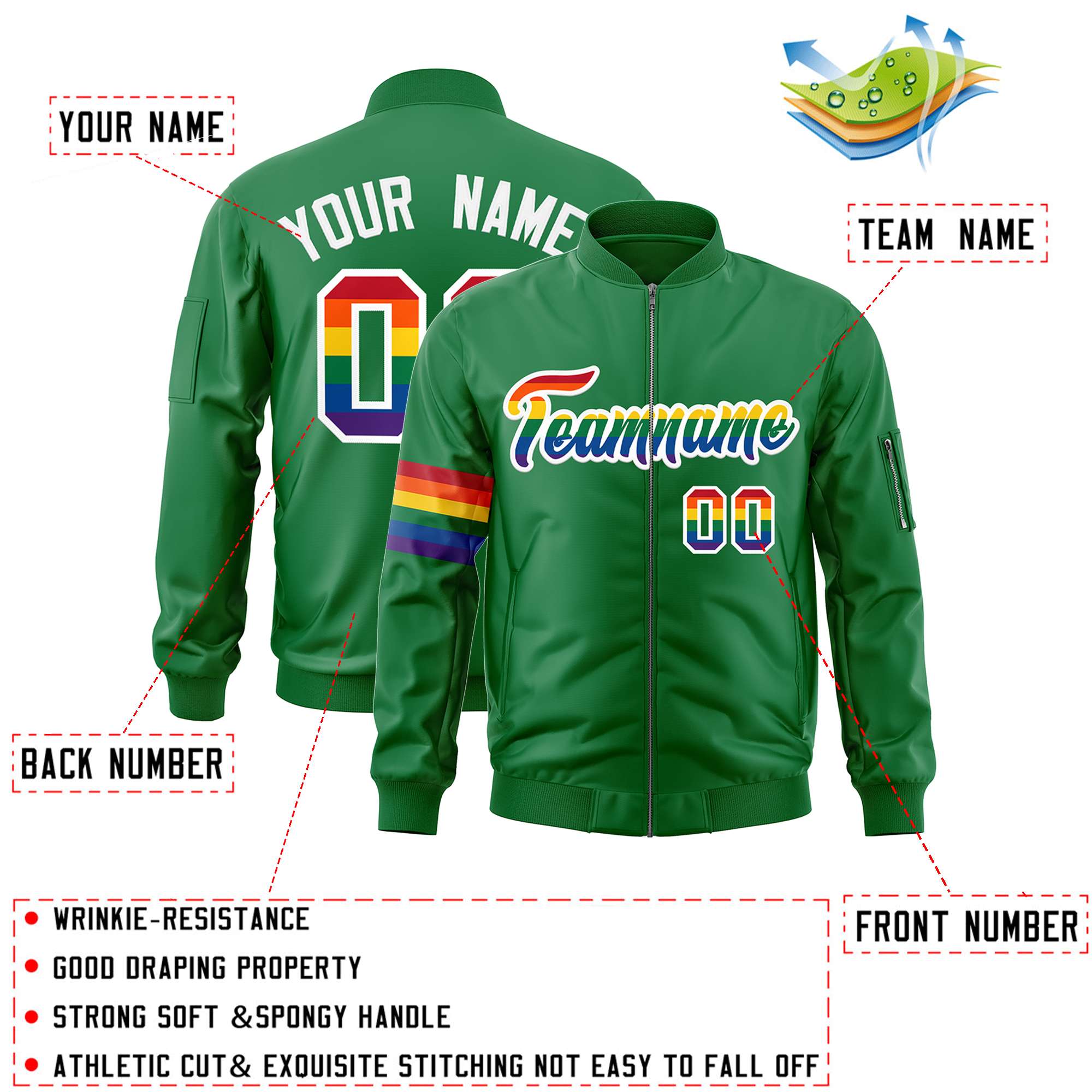 Custom Kelly Green LGBT Rainbow For Pride Month Classic Style Letterman Bomber Jacket