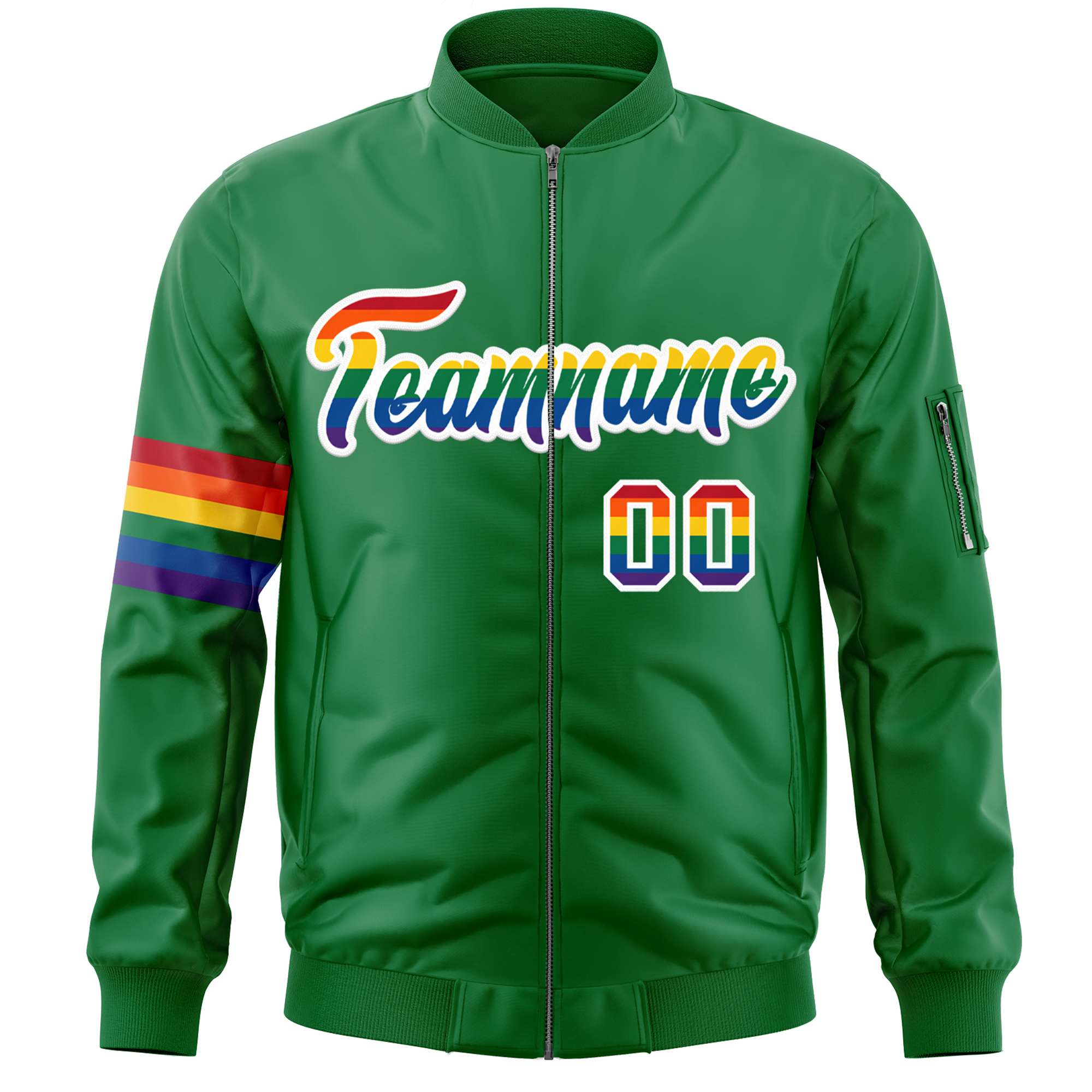 Custom Kelly Green LGBT Rainbow For Pride Month Classic Style Letterman Bomber Jacket