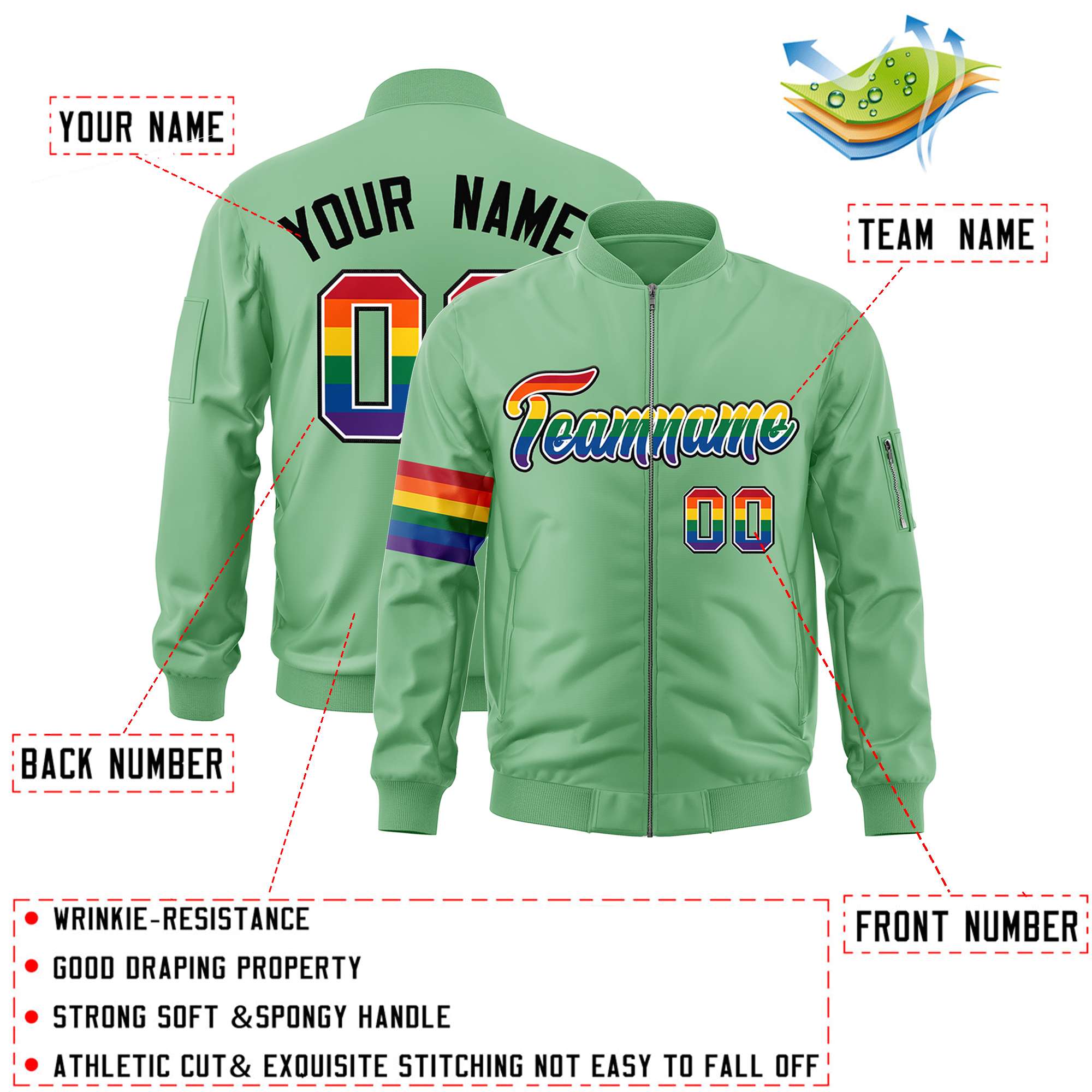 Custom Light Green LGBT Rainbow For Pride Month Classic Style Letterman Bomber Jacket