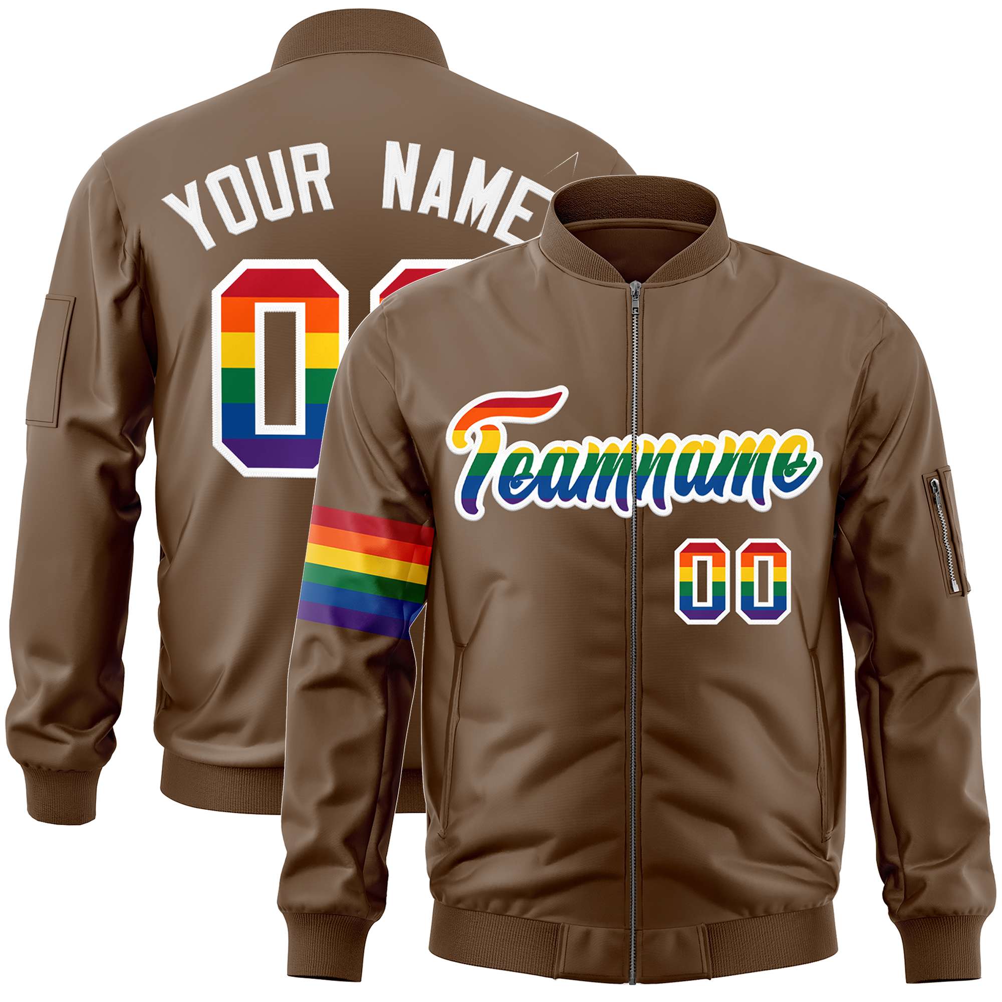 Custom Light Brown LGBT Rainbow For Pride Month Classic Style Letterman Bomber Jacket