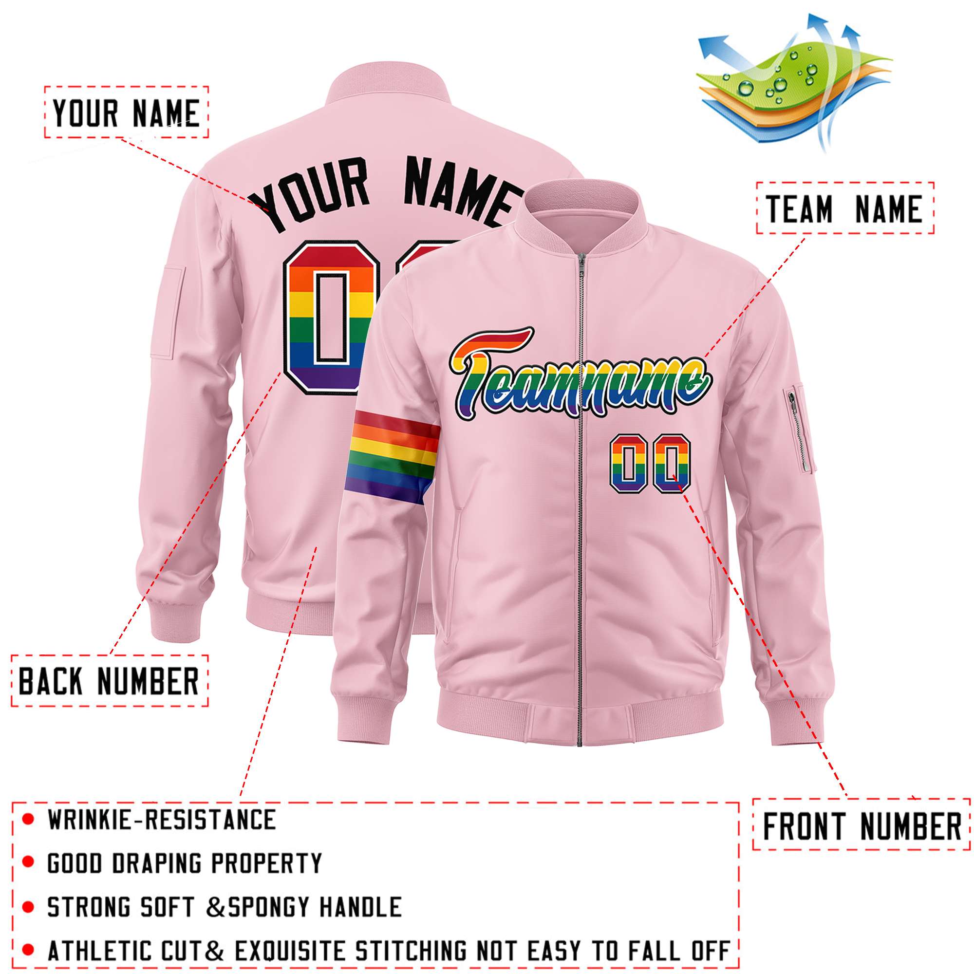 Custom Light Pink LGBT Rainbow For Pride Month Classic Style Letterman Bomber Jacket