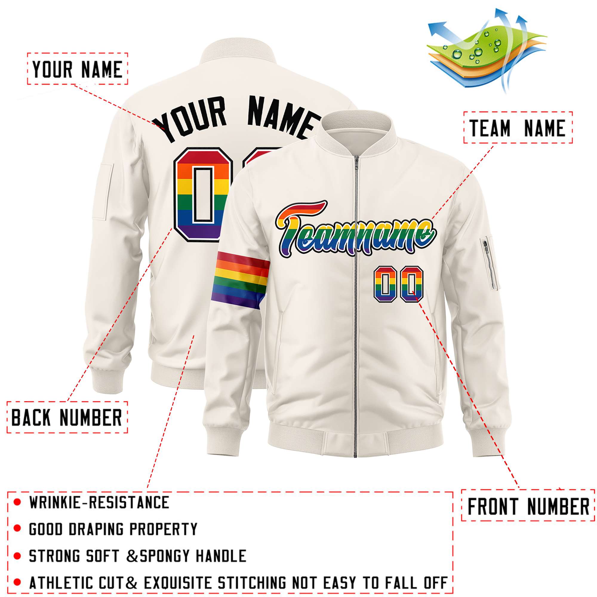 Custom Cream LGBT Rainbow For Pride Month Classic Style Letterman Bomber Jacket