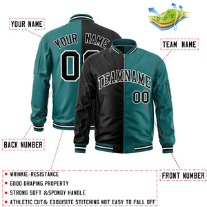 Custom Black Aqua Split Varsity Full-Zip Two Tone Letterman Bomber Jacket