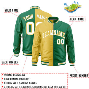 Custom Old Gold Kelly Green Split Varsity Full-Zip Two Tone Letterman Bomber Jacket