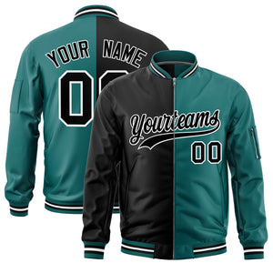 Custom Black Aqua Split Varsity Full-Zip Two Tone Letterman Bomber Jacket