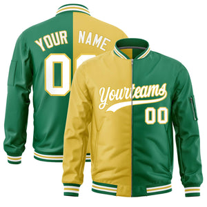 Custom Old Gold Kelly Green Split Varsity Full-Zip Two Tone Letterman Bomber Jacket