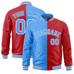 Custom Powder Blue Red Split Varsity Full-Zip Two Tone Letterman Bomber Jacket