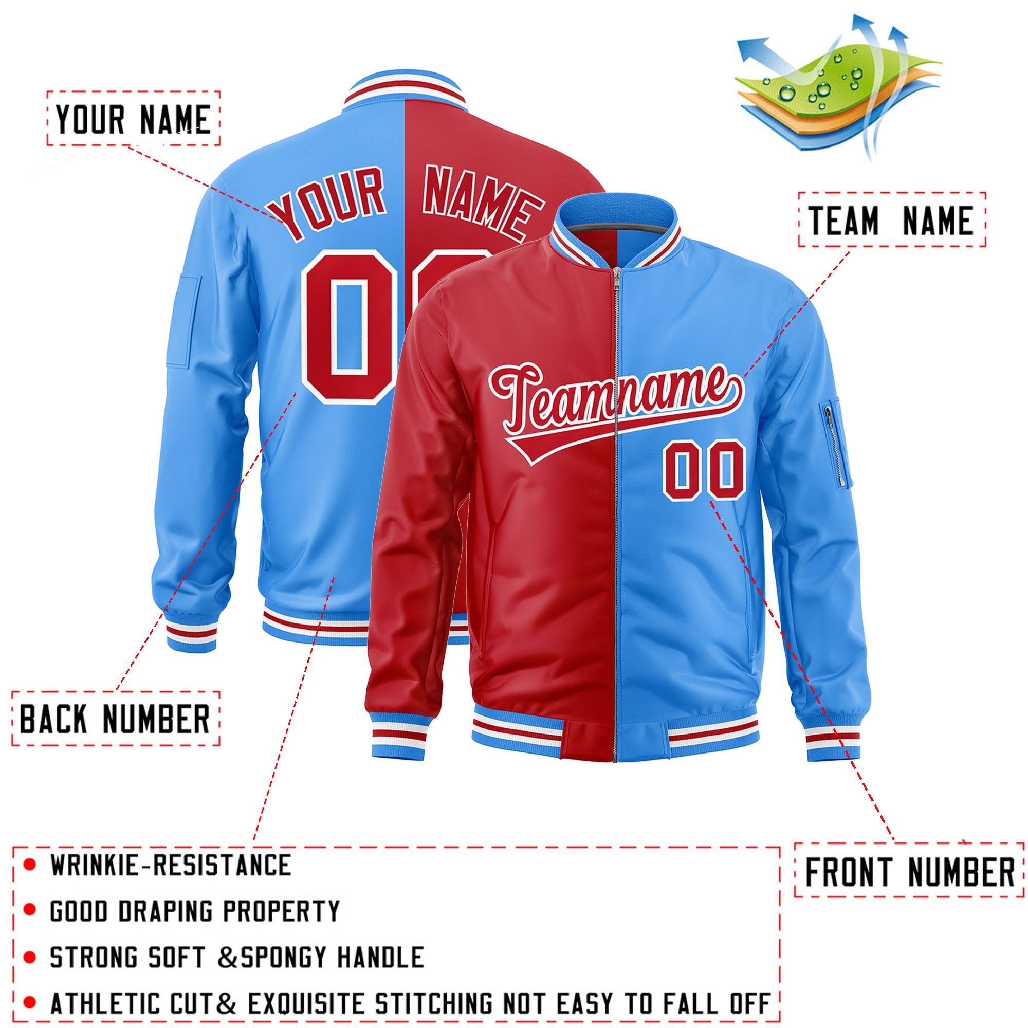 Custom Red Powder Blue Split Varsity Full-Zip Two Tone Letterman Bomber Jacket