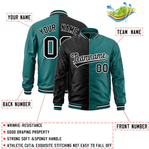 Custom Black Aqua Split Varsity Full-Zip Two Tone Letterman Bomber Jacket