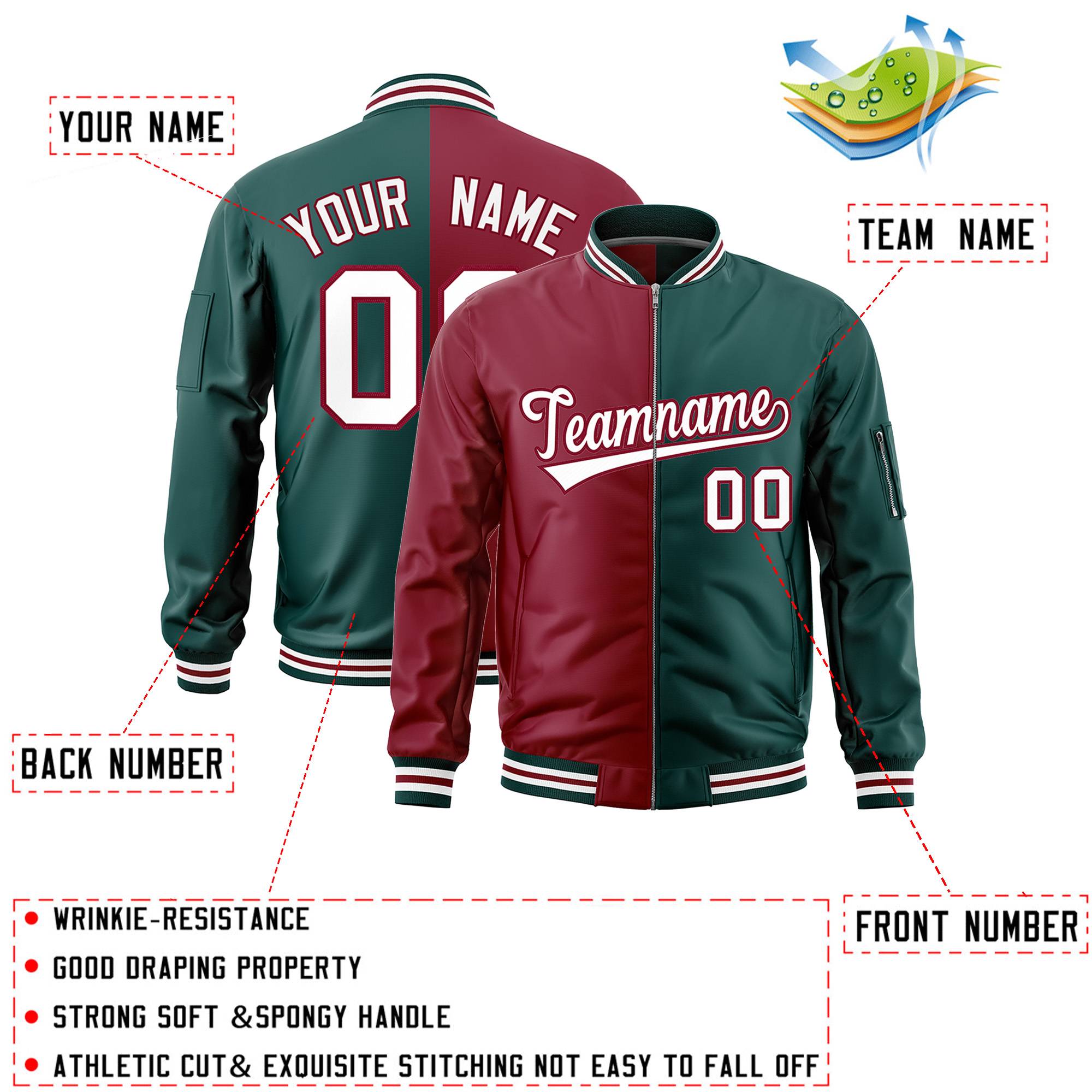 Custom Crimson Midnight Green Split Varsity Full-Zip Two Tone Letterman Bomber Jacket