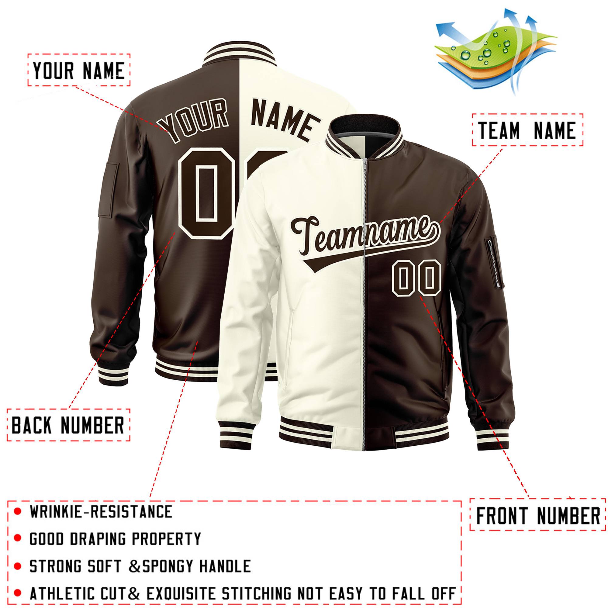 Custom Cream Brown Split Varsity Full-Zip Two Tone Letterman Bomber Jacket