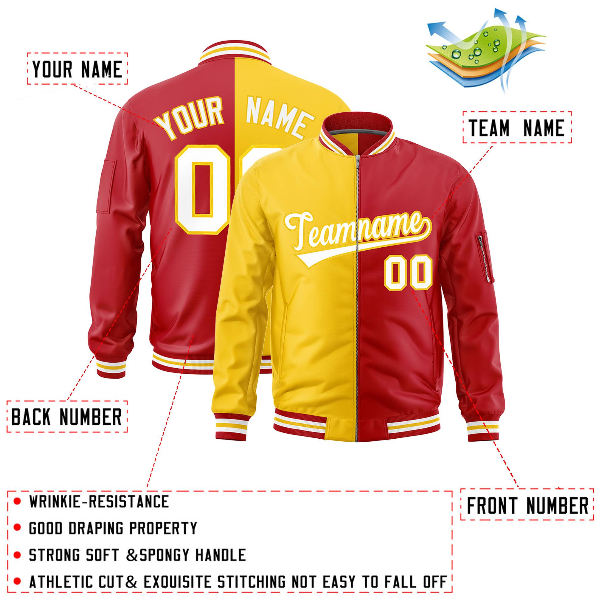 Custom Gold Red Split Varsity Full-Zip Two Tone Letterman Bomber Jacket