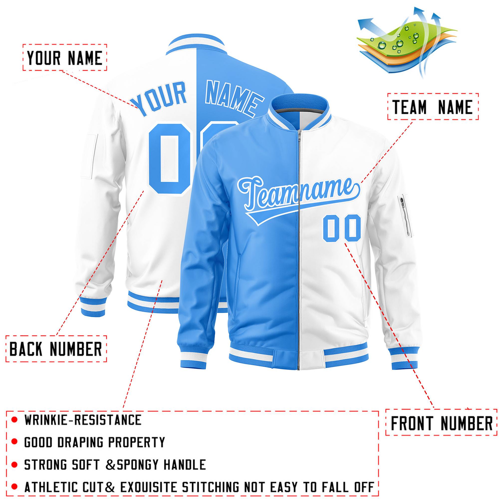 Custom Powder Blue White Split Varsity Full-Zip Two Tone Letterman Bomber Jacket