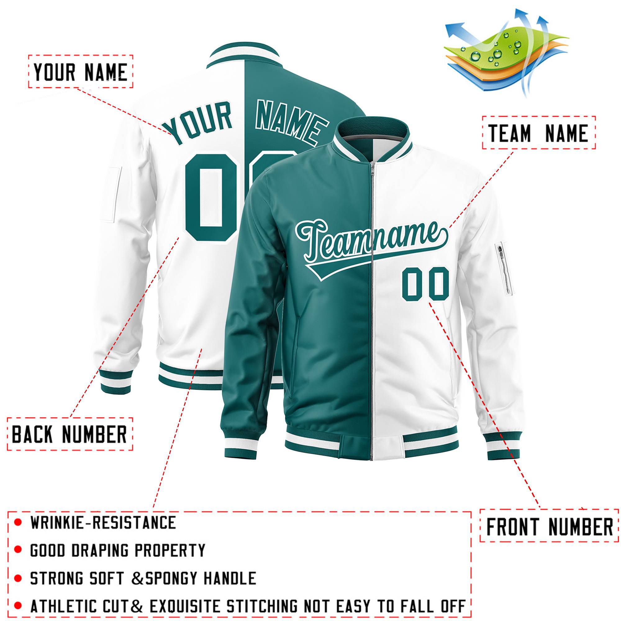 Custom Aqua White Split Varsity Full-Zip Two Tone Letterman Bomber Jacket