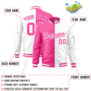 Custom Pink White Split Varsity Full-Zip Two Tone Letterman Bomber Jacket